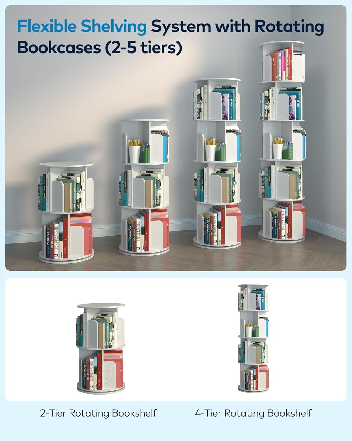 Rotating Bookshelf 5 Tier Tower, Round Spinning Bookcase 360° Revolving, MDF Kids Bookshelf with Adjustable Shelves for Small Spaces, Corner, Office, Easy Assembly Sturdy Organizer - Image 6