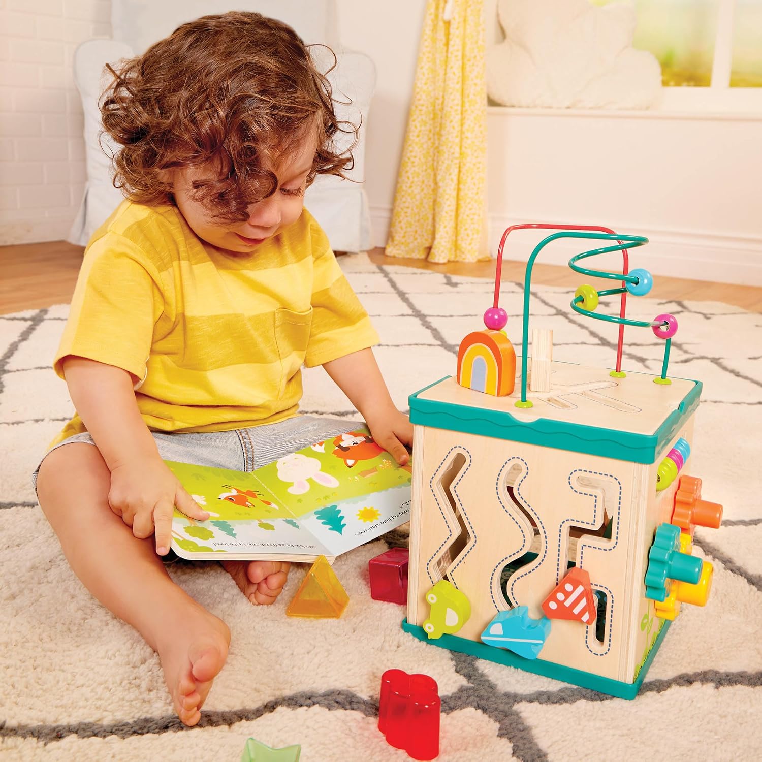 B. toys – Tabletop Activity Cube – Educational Storybook Included – Wooden Shape Sorter, Bead Maze, Animal Tiles – Top Flips for Compact Storage – 12+ Months – Lil' Learning Cube - Image 3