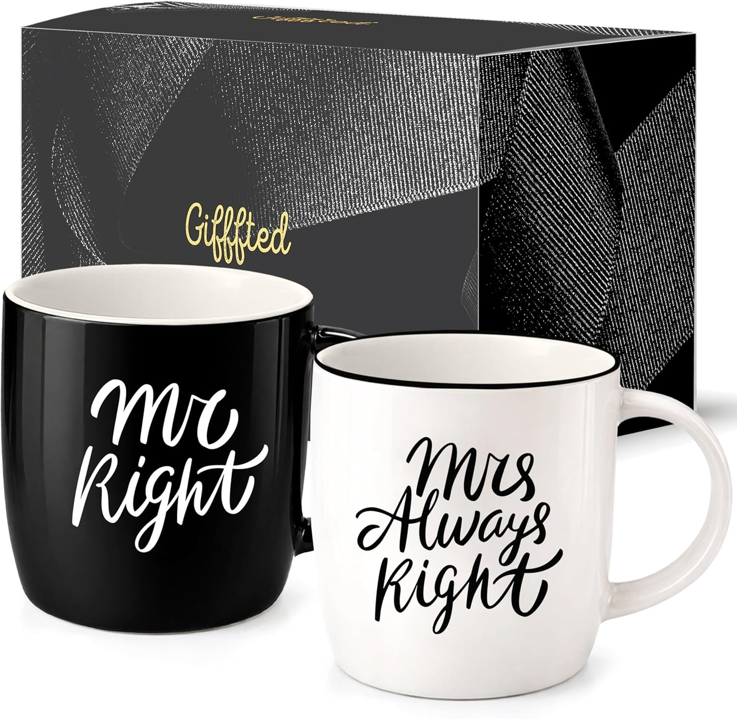 Triple Gifffted Mr Right Mrs Always Right Coffee Mugs Gifts Ideas for Couples, Wedding Anniversary, Engagement, Christmas, His & Hers, Bride and Groom, Parents, Newlyweds Bridal Shower, Ceramic 380ml