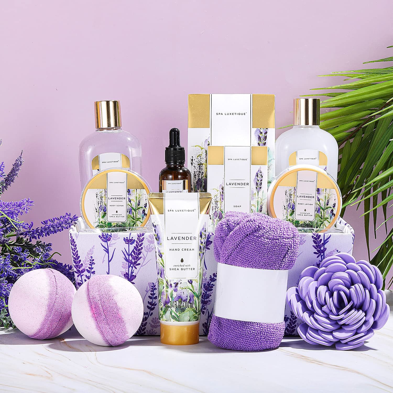 Spa Luxetique Spa Gift Baskets for Women 12 Pcs Lavender Spa Set with Body Lotions, Lavender Massage Oil, Birthday Christmas Gifts for Her - Image 2