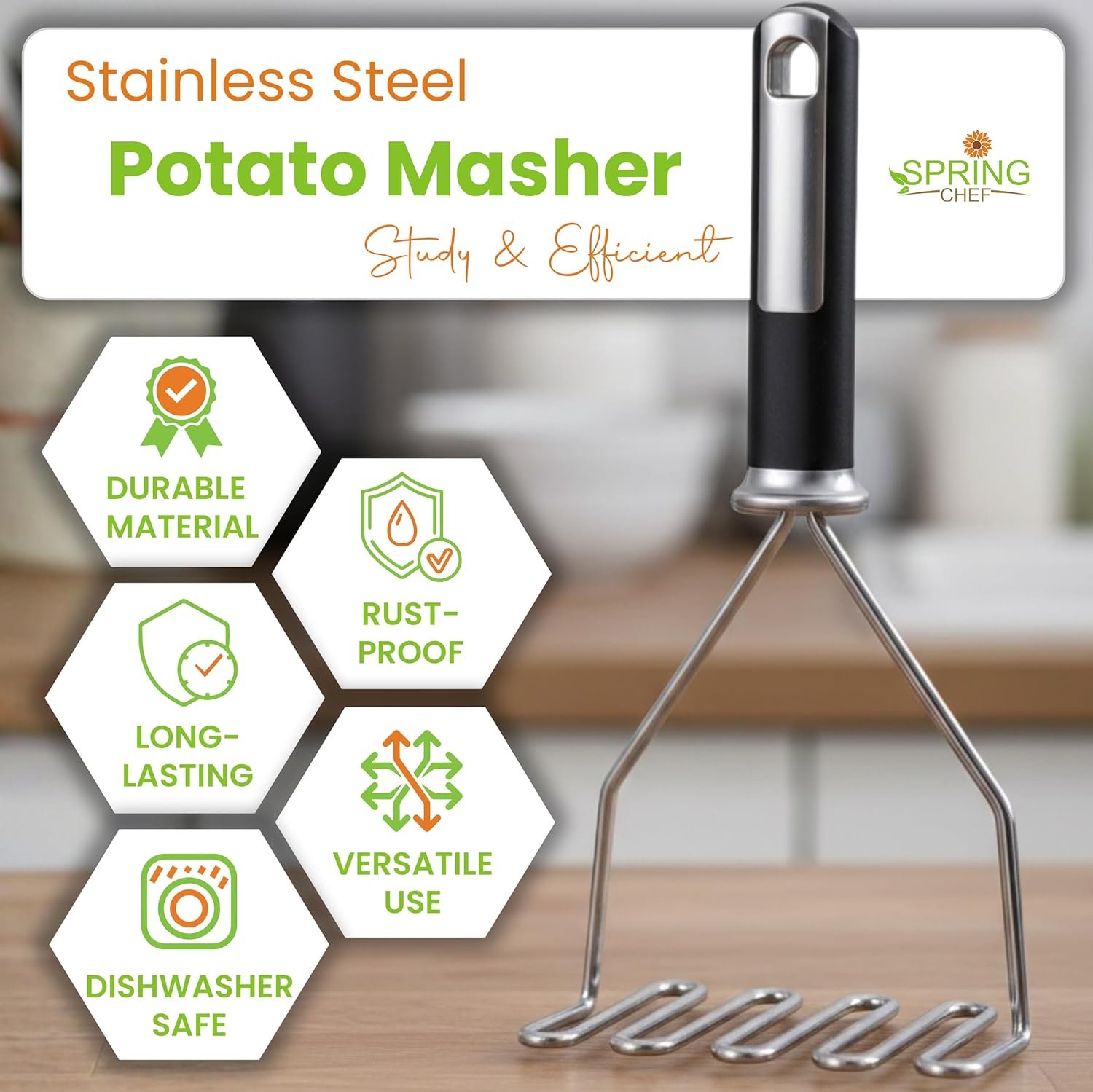 Spring Chef Potato Masher Stainless Steel - Heavy Duty Mashed Potato Masher Kitchen Tool - Fruit & Food Smasher For Avocado, Banana, Eggs - Bean Smasher Tool - Durable Metal Mashing Utensil - Image 2