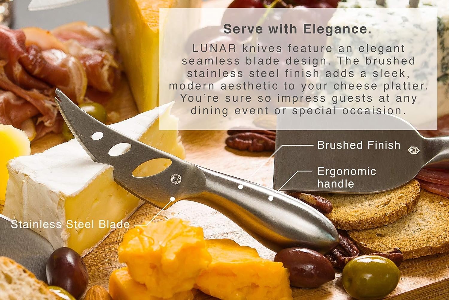 Lunar 6-Piece Cheese Knife Set - Premium Stainless Steel Cheese Knives Collection - Charcuterie Board Accessories Gift Ready w/ 15 Festive Recipes - Image 8