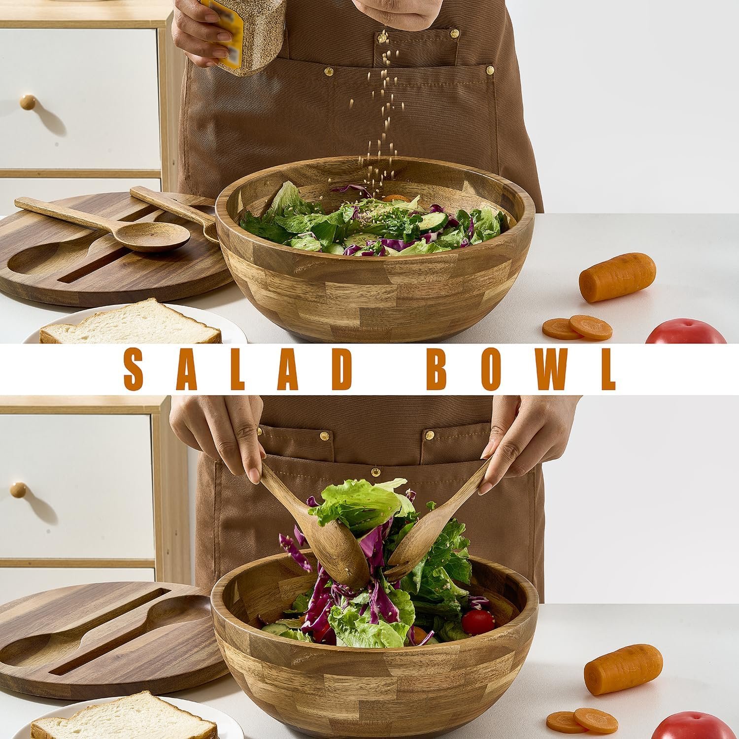 Acacia Wooden Salad Bowl with Lid, Built-in Acacia Wood Utensils, 10.5" Large Wood Serving Bowls for Fruits, Salad, and Vegetables, Big Wood Salad Bowls Set 4-Piece, All-in-One Design - Image 7