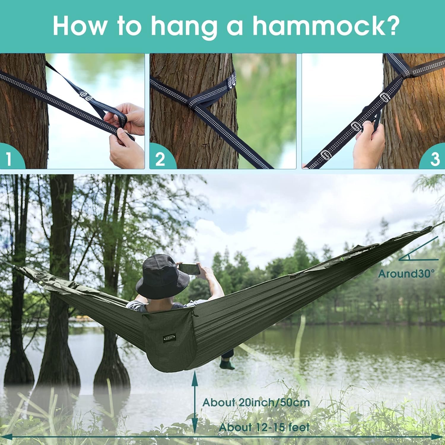 G4Free Large Camping Hammock with Mosquito Net and Rain Fly- 2 Person Portable Hammock with Bug Net and Tent Tarp for Outdoor Hiking Camping Backpacking Travel - Image 7