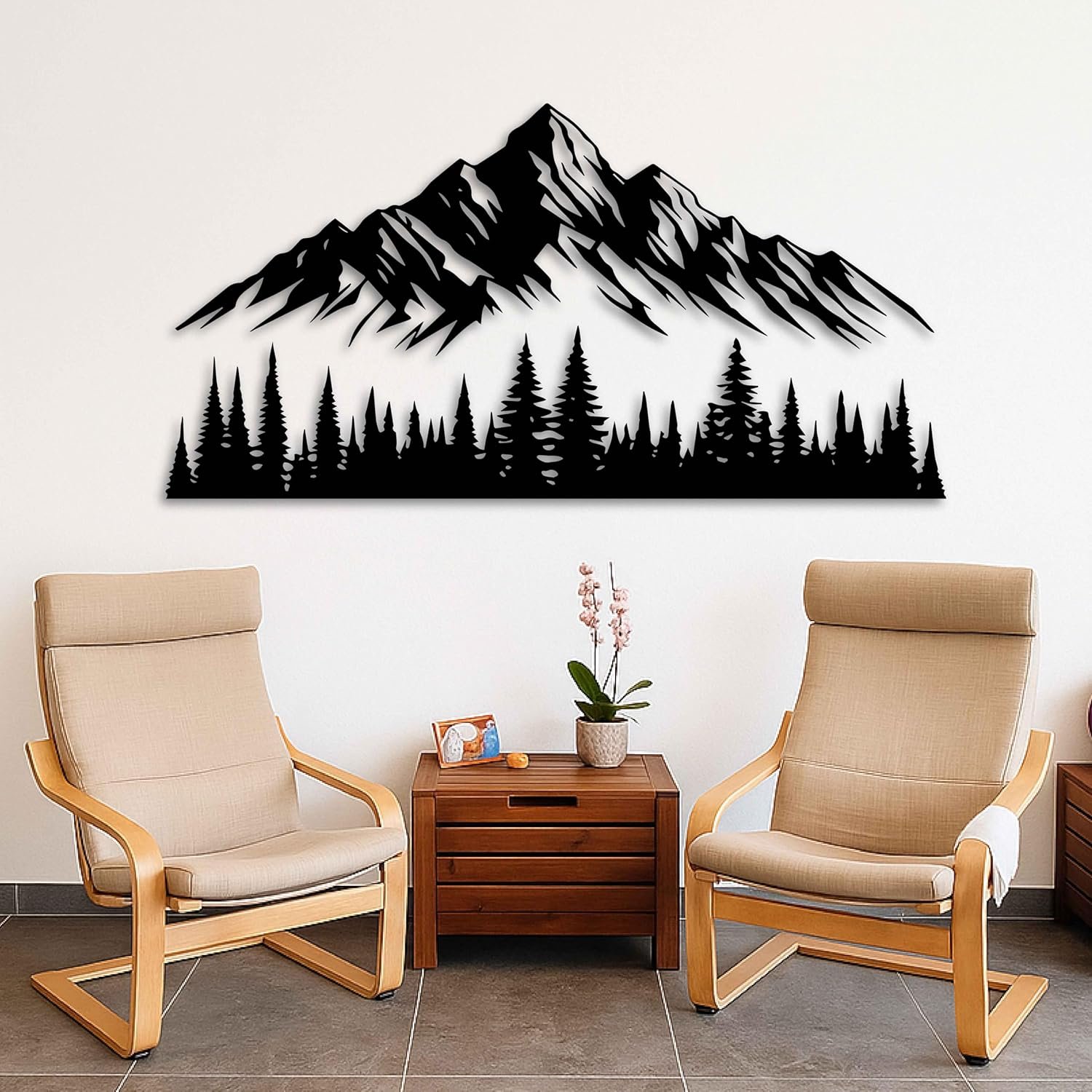 KAWA METALWORKS Mountain and Trees Metal Wall Art Decor, Large Pine Forest Metal Wall Decor for Garden, Living Room or Bedroom, Modern Black and White Nature Landscape, Rustic Home Decor Gift - Image 2