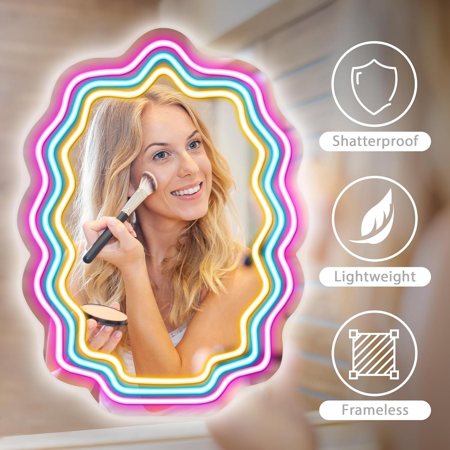 Kavaas Wavy Neon Mirror 16.9" x 12.7", LED Wave Mirror with Lights for Bedroom, Girls Room - Best Gifts for Teen Girls, Birthday, Christmas - Image 4