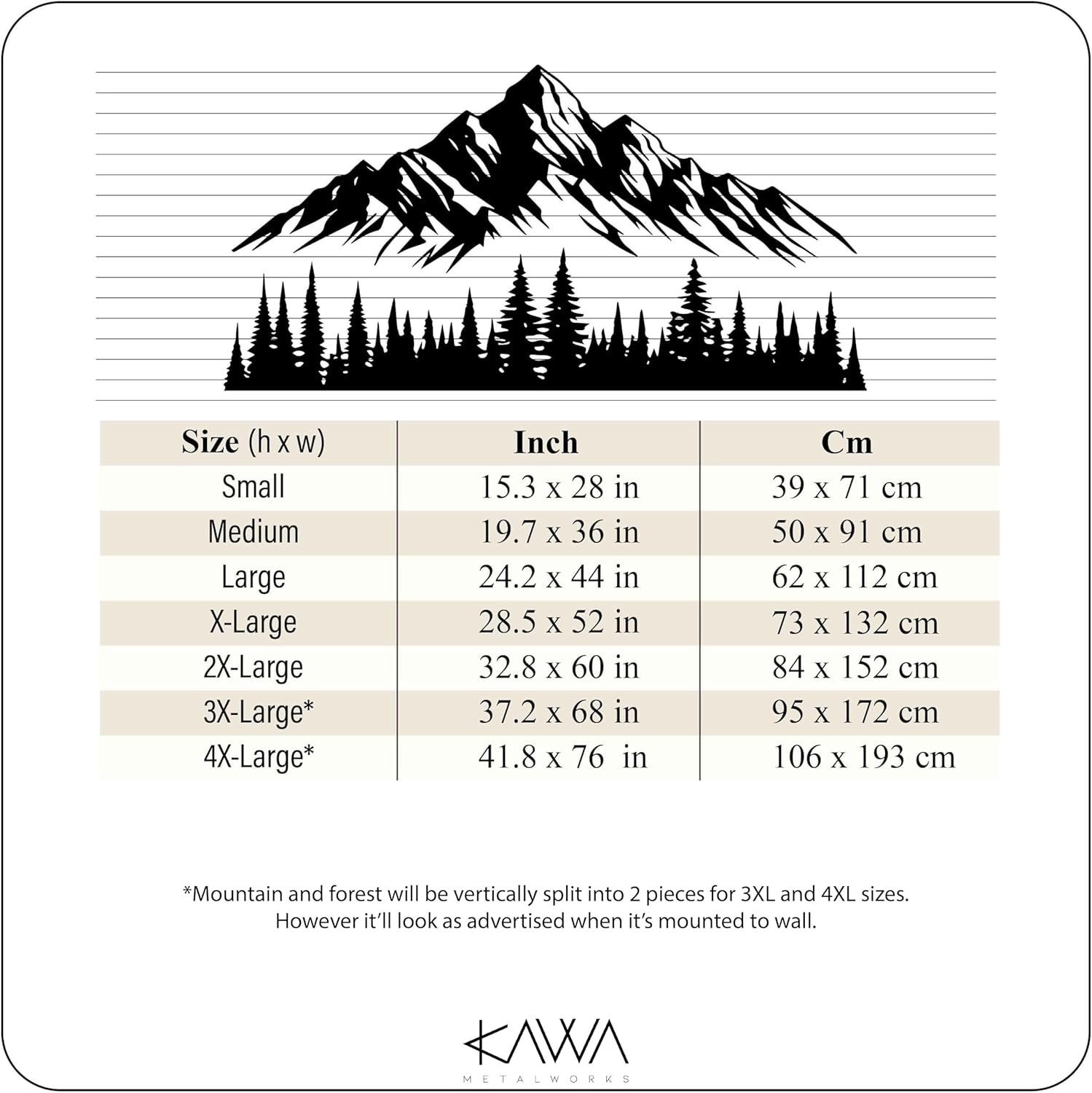 KAWA METALWORKS Mountain and Trees Metal Wall Art Decor, Large Pine Forest Metal Wall Decor for Garden, Living Room or Bedroom, Modern Black and White Nature Landscape, Rustic Home Decor Gift - Image 4