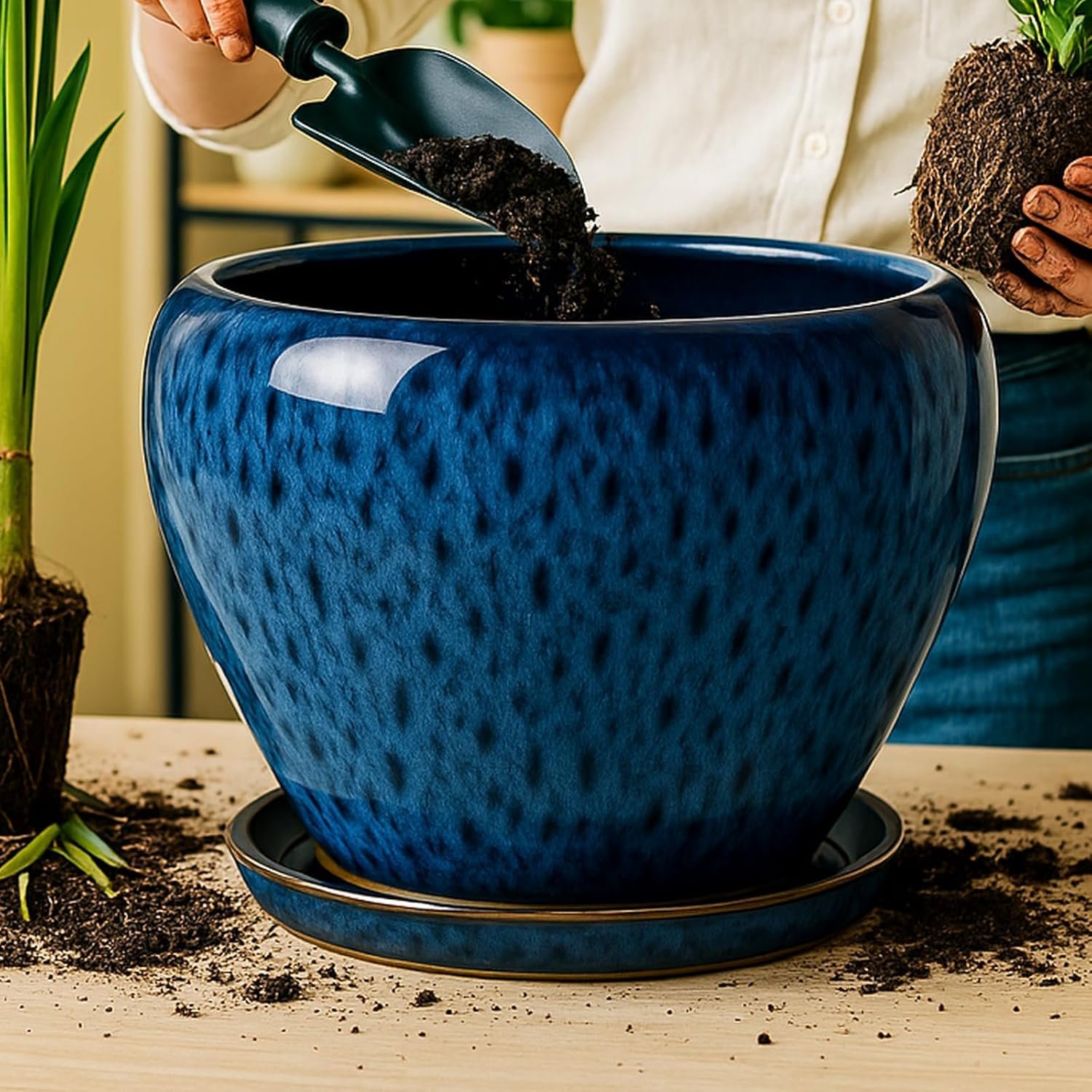 Deep Dream 10 Inch Plant Pot- Ceramic Planter Pot Round Plant Pots for Indoor Plants Outdoor Large Flower Pot with Drainage Holes & Trays, Blue - Image 5
