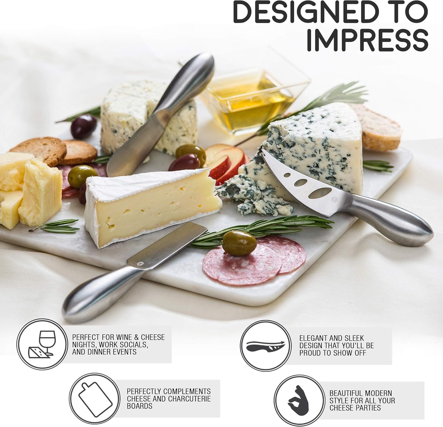 Lunar 6-Piece Cheese Knife Set - Premium Stainless Steel Cheese Knives Collection - Charcuterie Board Accessories Gift Ready w/ 15 Festive Recipes - Image 4
