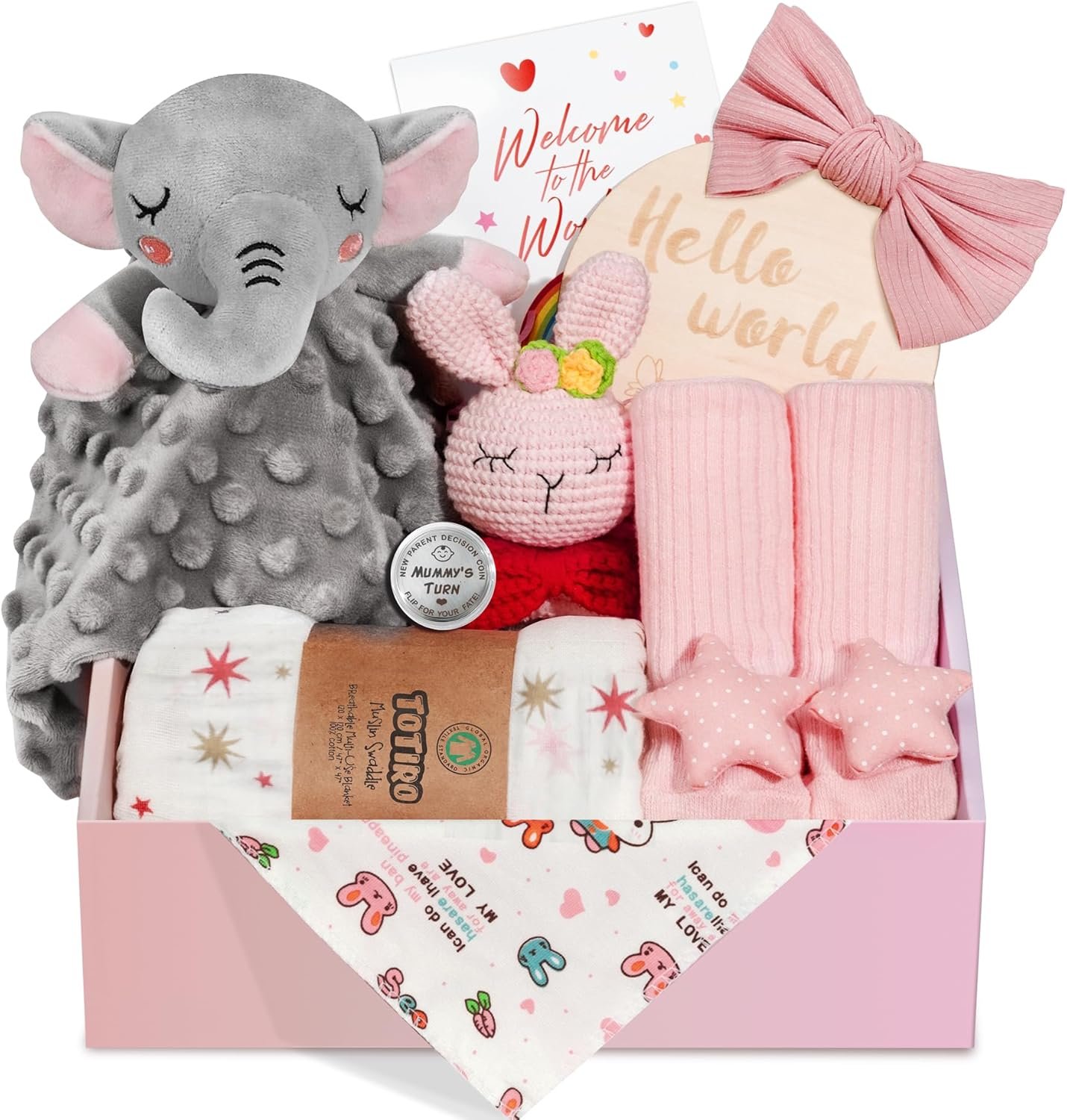 Newborn Baby Girl Gift, 9 Pcs Baby Gifts for Girls Newborn Essentials, New Baby Girl Gift Basket Baby Shower Gender Reveal Gifts, New Mom Gift Swaddle Blanket Bunny Rattle Gift Set