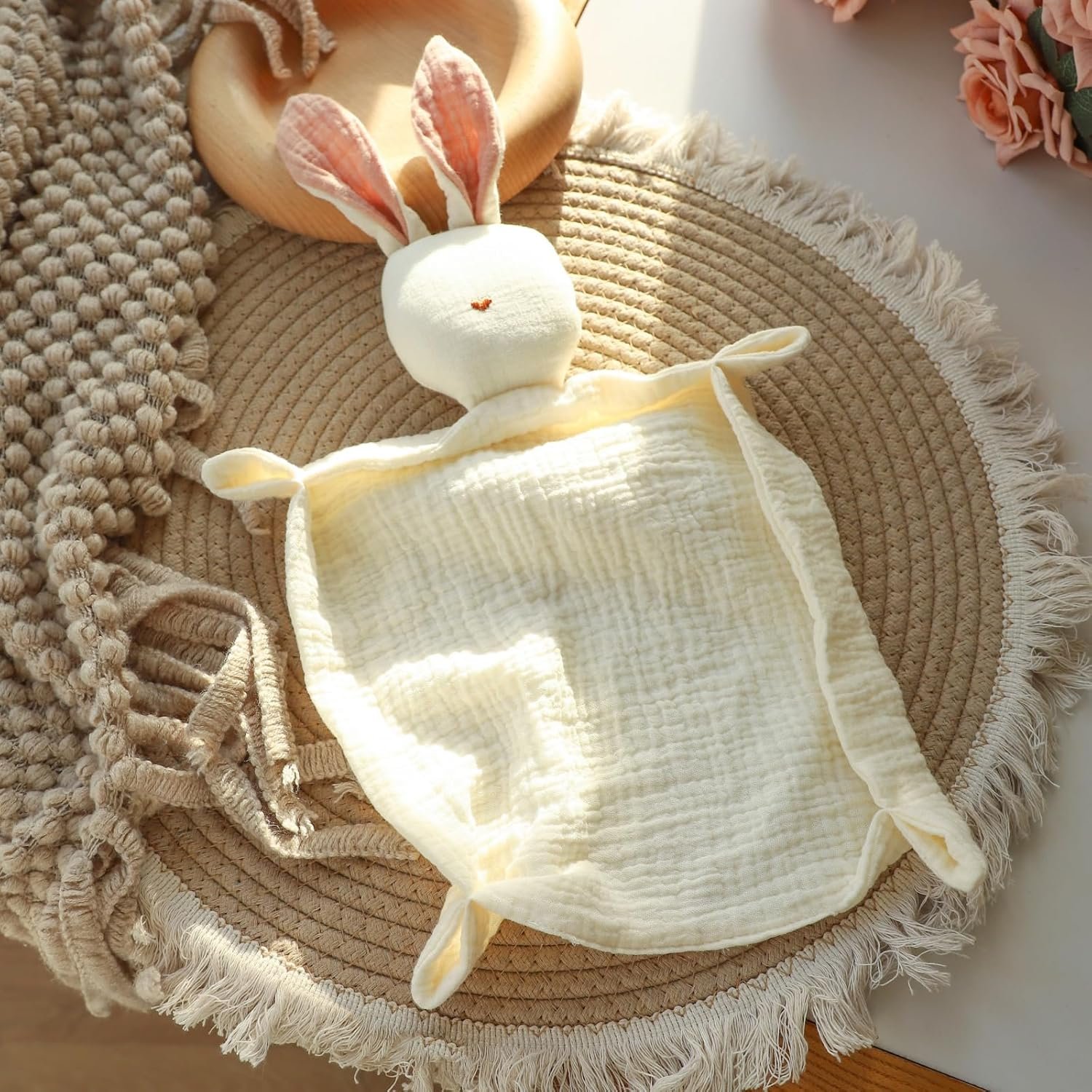 Insular Bunny Lovey Blanket for Boys and Girls, Organic Cotton Muslin Security Blanket for Babies, Soft Breathable Lovie Soothing Towel for Newborn and Infant, Pink&Khaki - Image 4