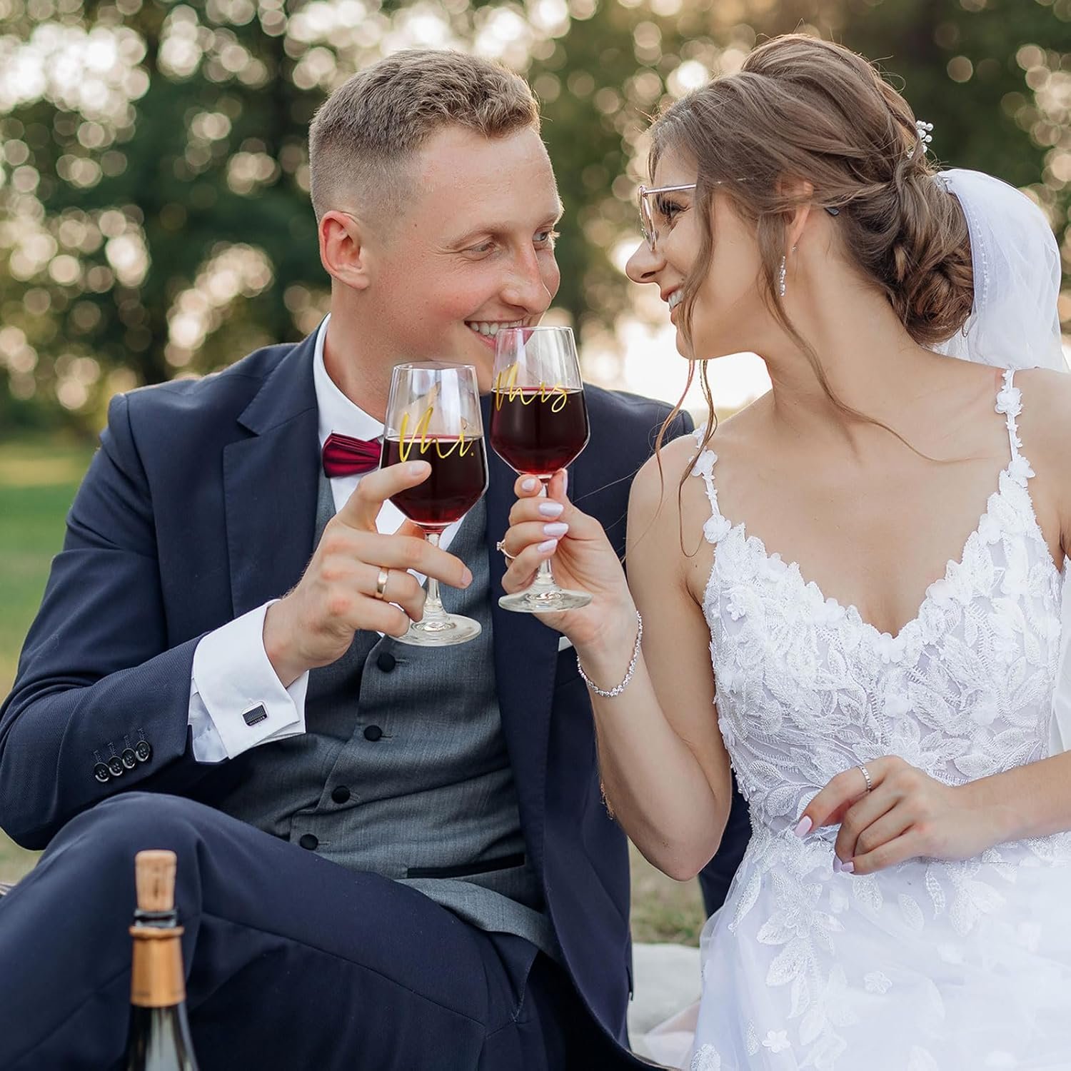 AW BRIDAL Mr and Mrs Wine Glasses Set of 2 for Engagement Bridal Shower, Wedding Gifts for Newlywed Couples 2026, Personalized Anniversary Wine Glass Gift Basket for Bride Groom and Fiance Fiancee - Image 3
