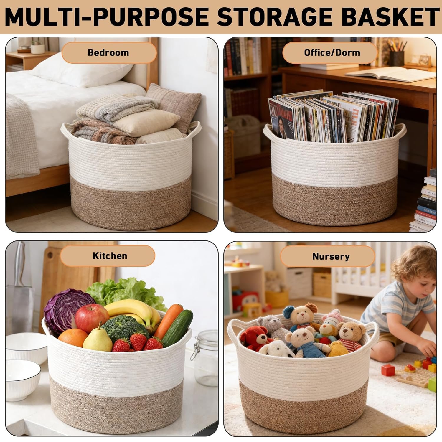 Large Woven Blanket Basket,65L Cotton Rope Laundry Basket Hamper with Handles, Decorative Nursery Basket Storage Bin for Toys, Clothes Organizer, Living Room, Bedroom, Bathroom, White & Brown - Image 5