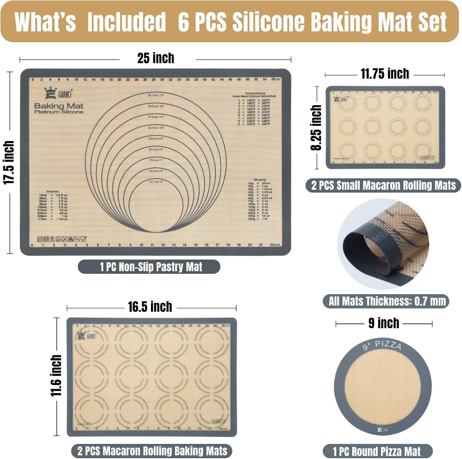 GUANCI Silicone Baking Mat Set of 6, Includes 25"x17.5" Large, 2 Medium 16.5"x11.6", 2 Small 11.75"x8.25", 9" Round, All Mats 0.70mm Thick, Non-Stick Reusable Baking Mats for Pizza, Cookie, Bread - Image 2