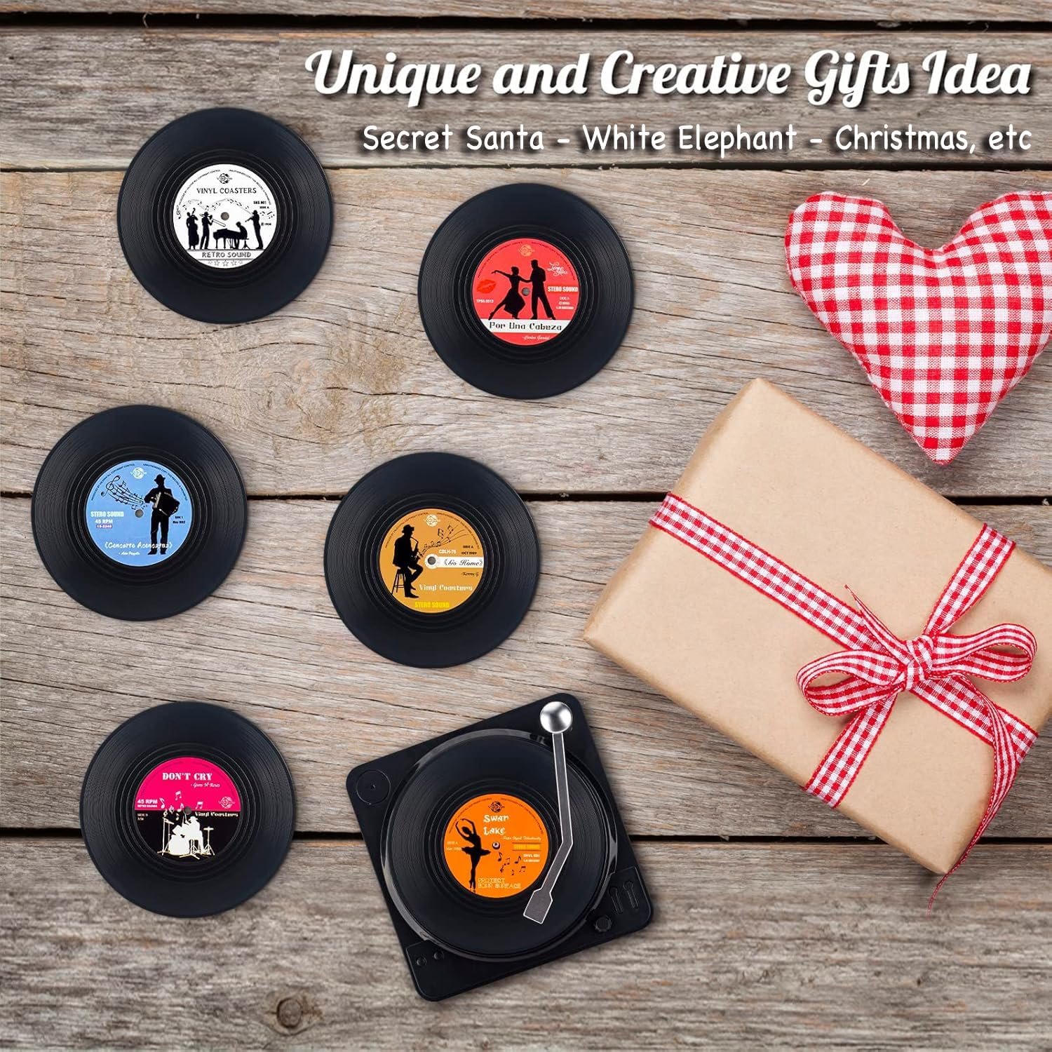 Valdivia Funny Retro Vinyl Record Coasters with Player, 6 Pcs Music Coasters for Drinks, Bars, Cafes, Office, Birthday Gifts for Music Lovers, Home Decor Housewarming and White Elephant Gifts Ideas - Image 4