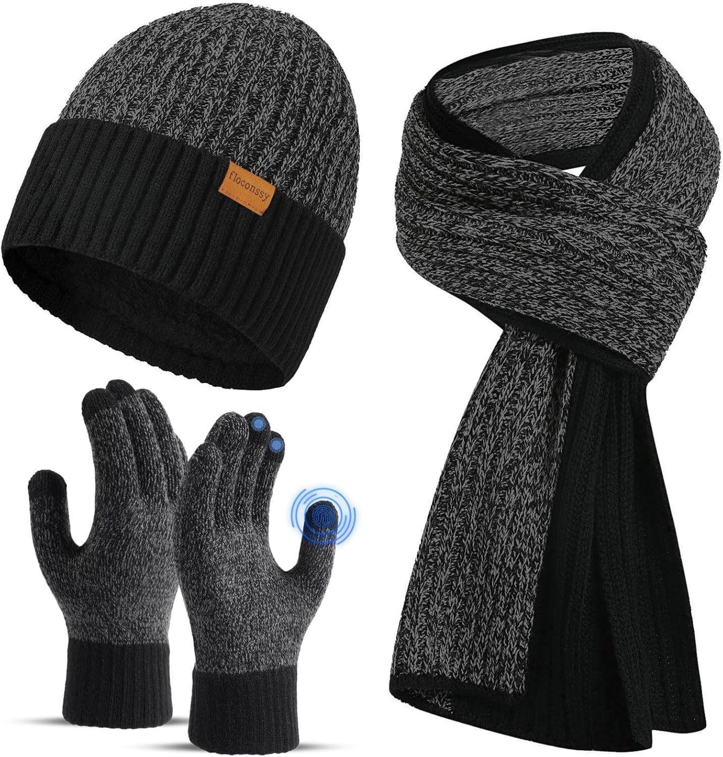 floconssy Men's Scarf Hats Gloves Sets Winter Gifts, 3 PCS Fleece Lined Beanie Warm Long Scarves for Cold Weather Christmas