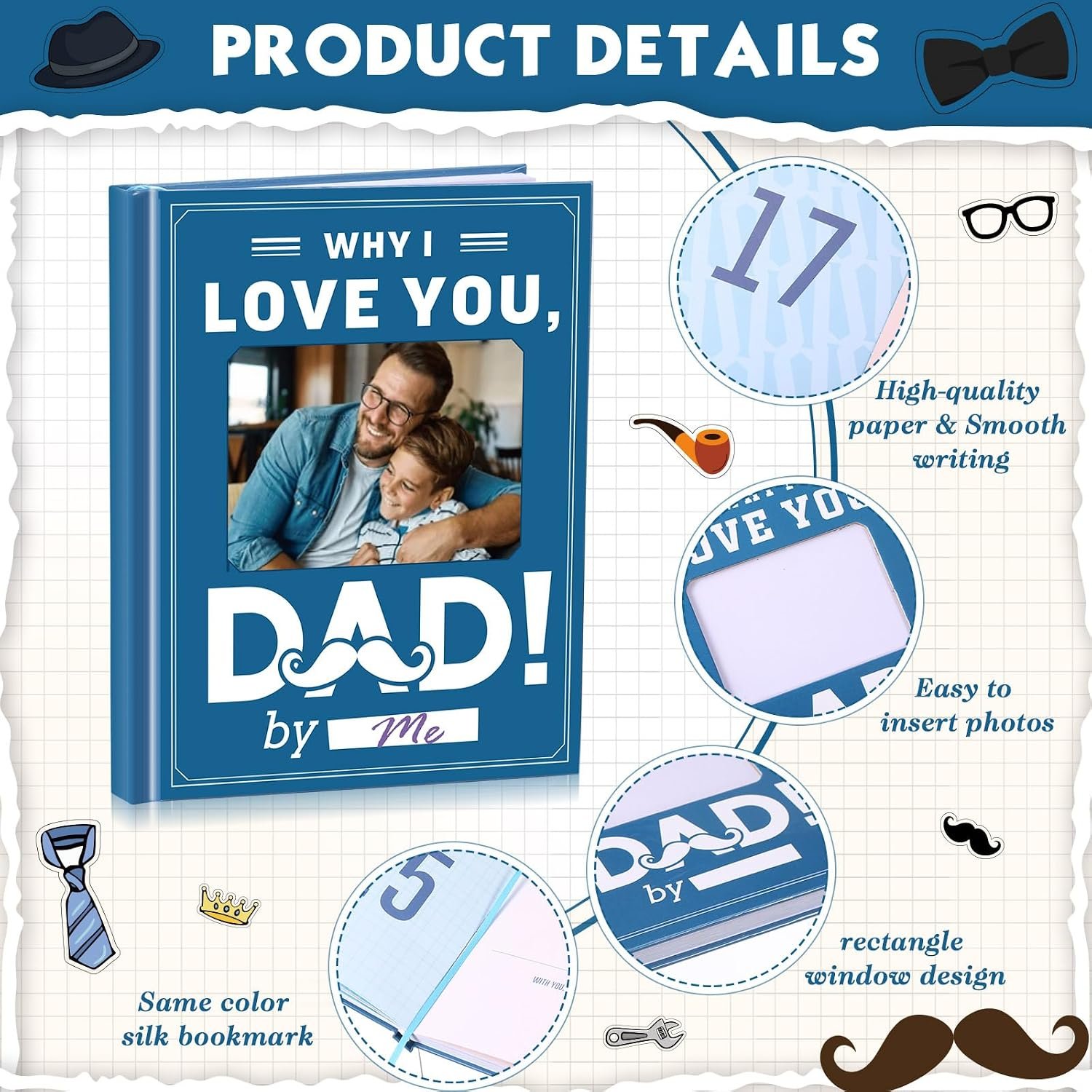 Why I Love You Dad Book Fill The Blank Dad Book Journal with Stickers Picture Corners DIY Personalized Christmas Birthday Father's Day Men Gifts Stocking Stuffer from Daughter Son(Blue) - Image 3