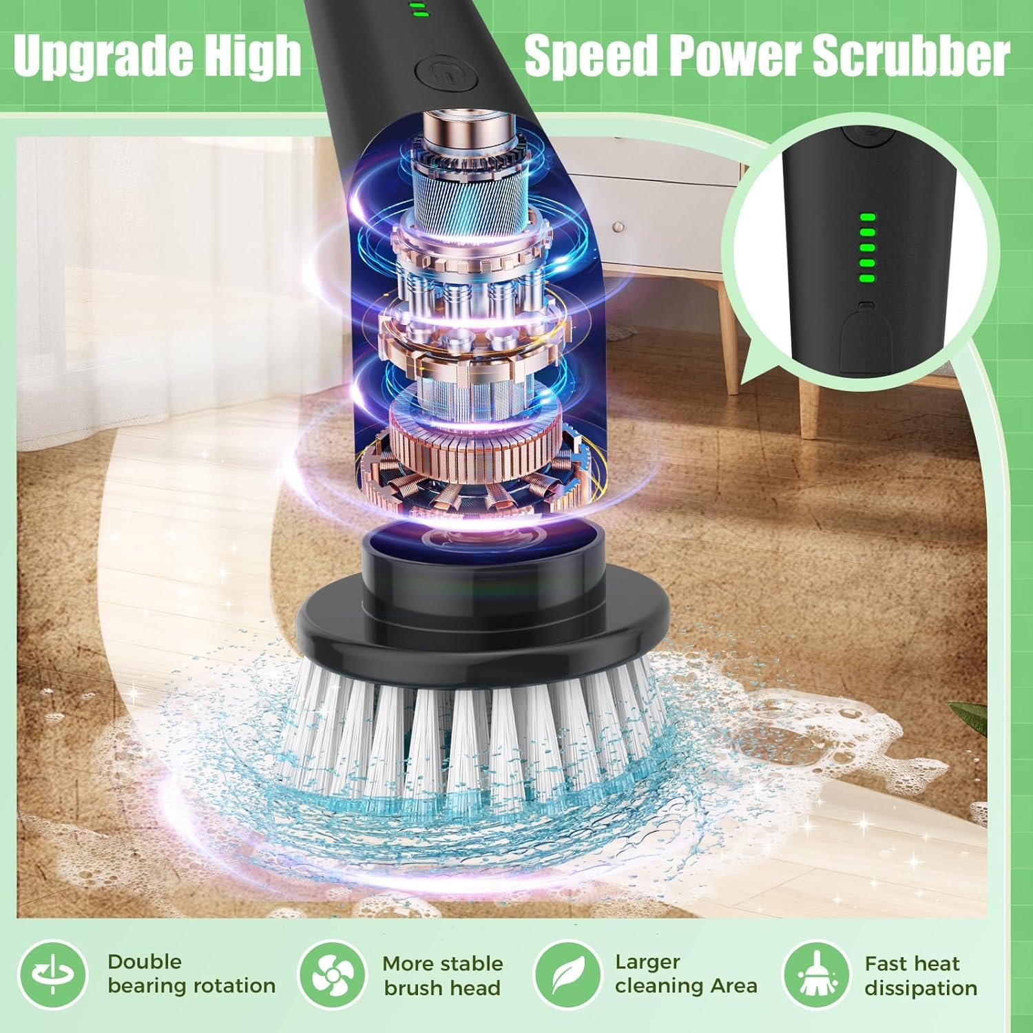 YKYI Electric Spin Scrubber, Cordless Cleaning Brush with 8 Replaceable Brush Heads, Power Scrubber with Adjustable Extension Handle for Bathroom, Tub, Tile, Floor and Kitchen Cleaning (Grey) - Image 3