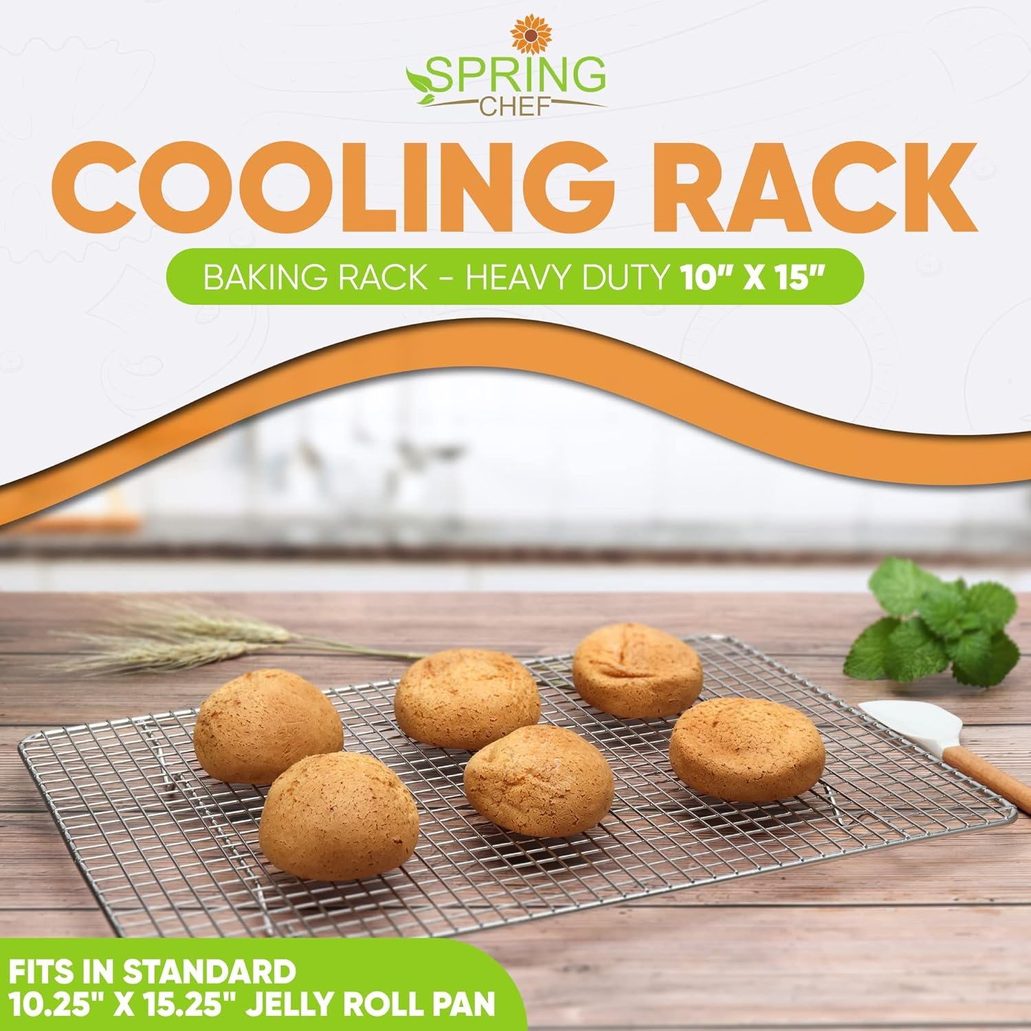 Spring Chef 10" x 15" Stainless Steel Cooling Racks for Baking - Oven Safe - Cookie Racks for Cooling Cookies - Fits Jelly Roll Pan - Perfect for Grilling, Roasting, Cooking, Drying - Set of 2 - Image 2