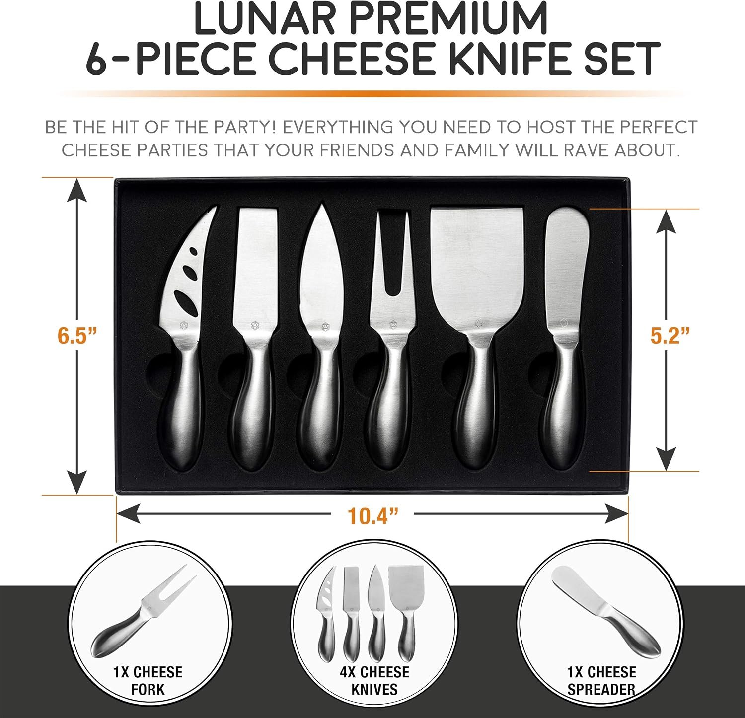 Lunar 6-Piece Cheese Knife Set - Premium Stainless Steel Cheese Knives Collection - Charcuterie Board Accessories Gift Ready w/ 15 Festive Recipes - Image 2