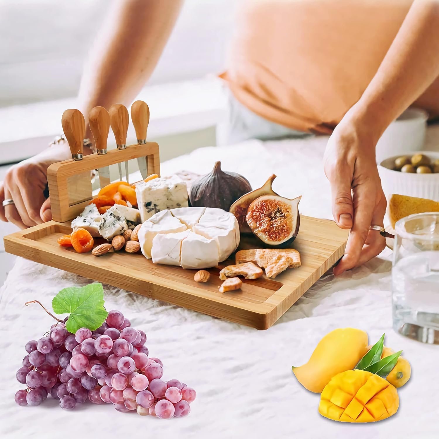 Cheese Board and Knife Set,Bamboo Charcuterie Board,Wine Meat Cheese Platter Serving Board with 4 Stainless Steel Knife,Wooden Cheese Tray,Cheese Plate Set,Perfect for Birthday,Housewarming Gift - Image 3