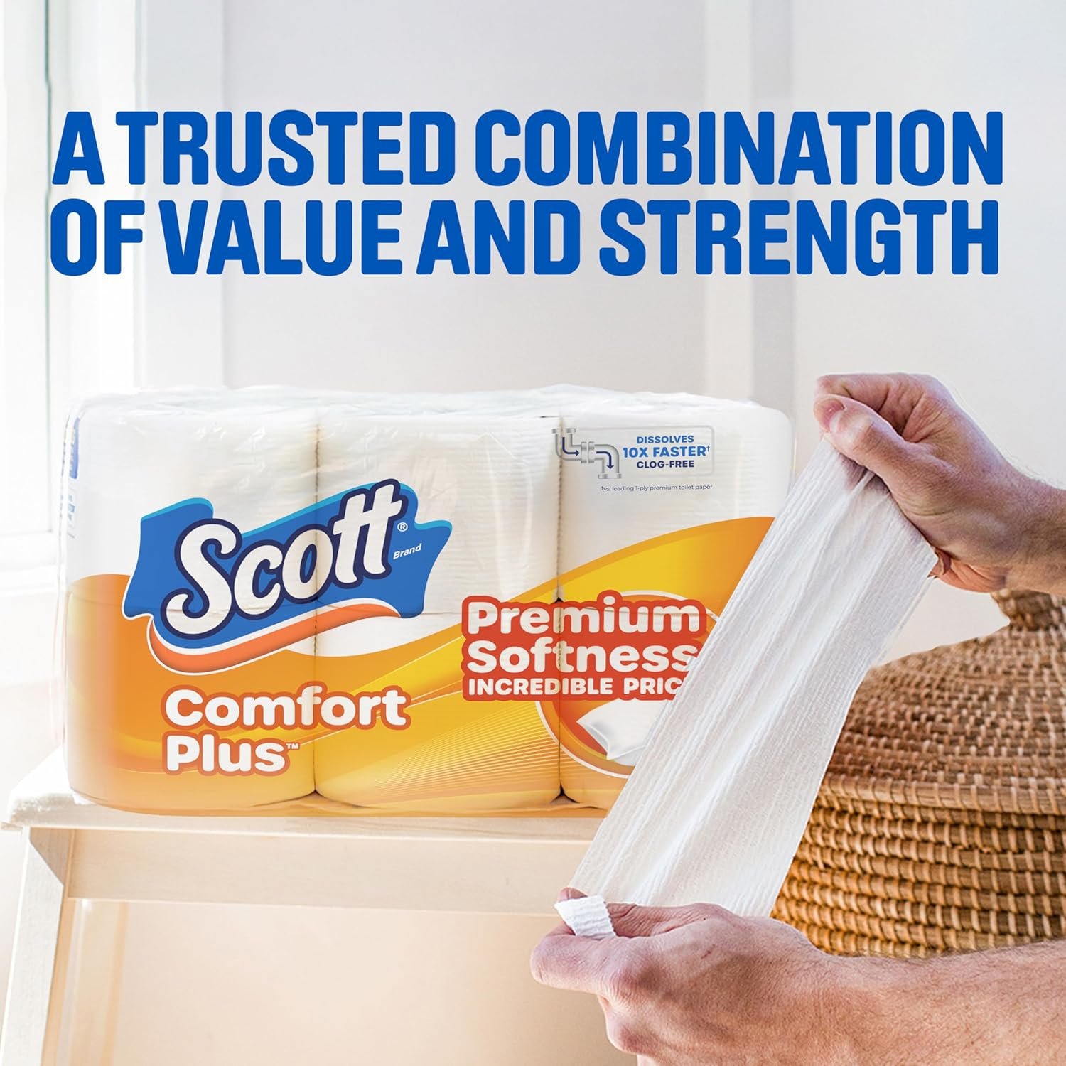 Scott ComfortPlus Toilet Paper, 12 Triple Rolls, 231 Sheets per Roll, Septic-Safe, 1-Ply Toilet Tissue - Image 2