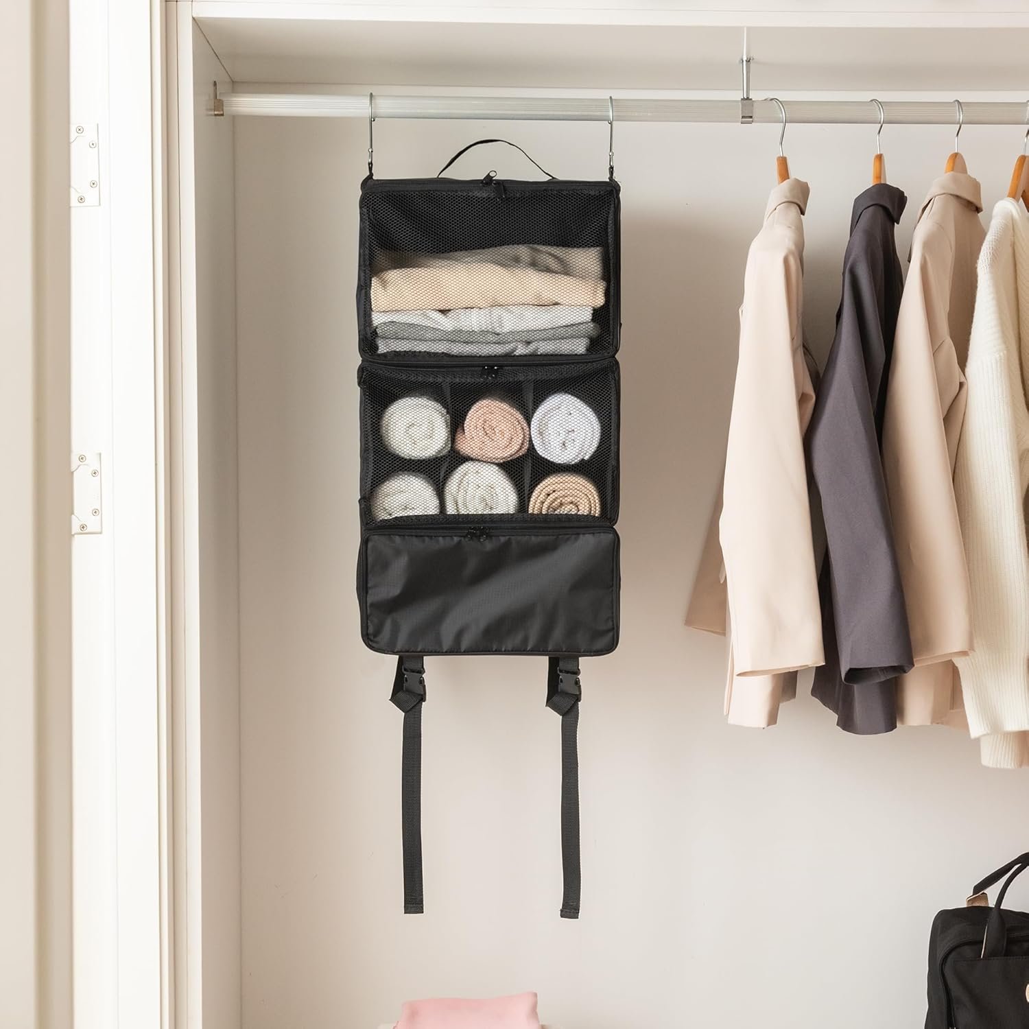 GRANNY SAYS 3-Shelf Travel Hanging Organizer, Compression Hanging Packing Cubes Suitcase Organizer, Portable Hanging Shelves with Mesh Window, Hanging Clothes Organizer and Storage, Travel Essentials - Image 2