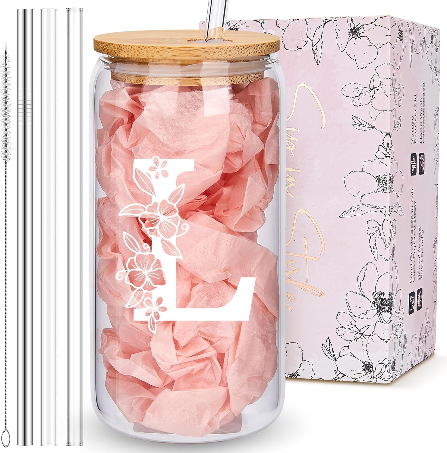 Personalized Birthday Gifts for Women, Cute Glass Cups with Lids and Straws, Customized Initial Iced Coffee Cup Drinking Glasses, Custom Mug Tumbler, Bridal Shower Wedding Bride Gifts, Bride to Be, L
