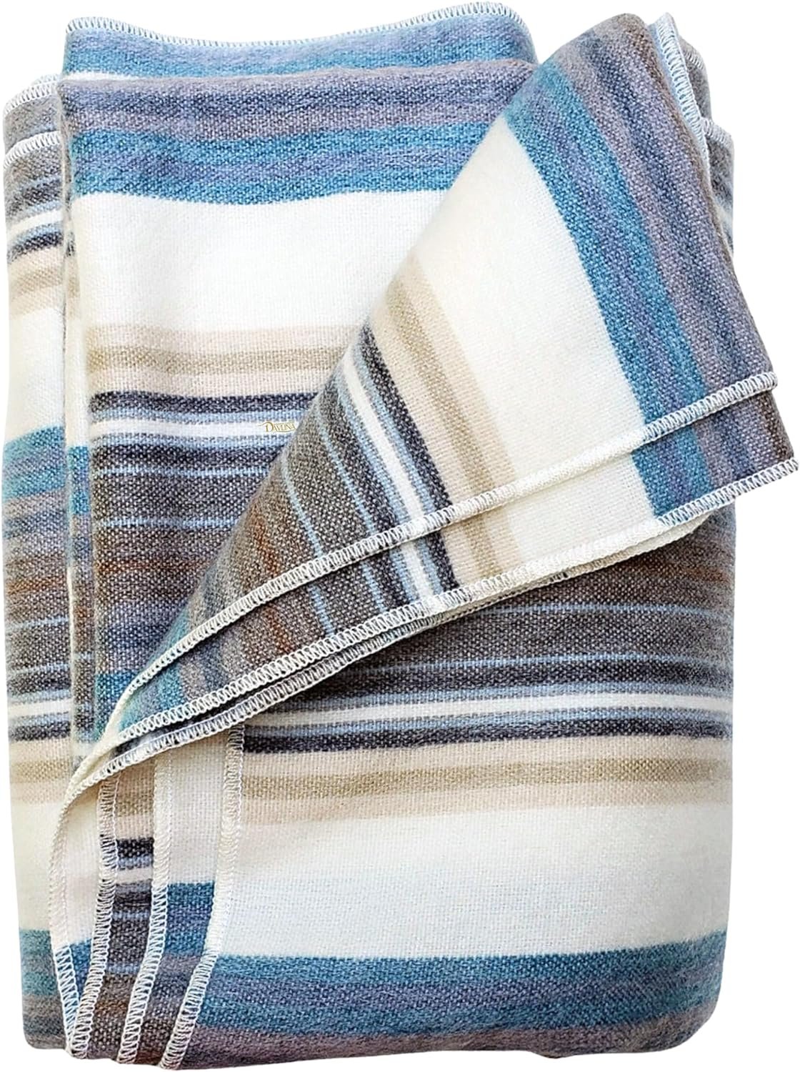 DAVLINA, Alpaca Wool Throw Blanket | Super Soft, Lightweight, Breathable and Hypoallergenic | Non-Itchy or Scratchy (Blue White Varicolored, Striped)