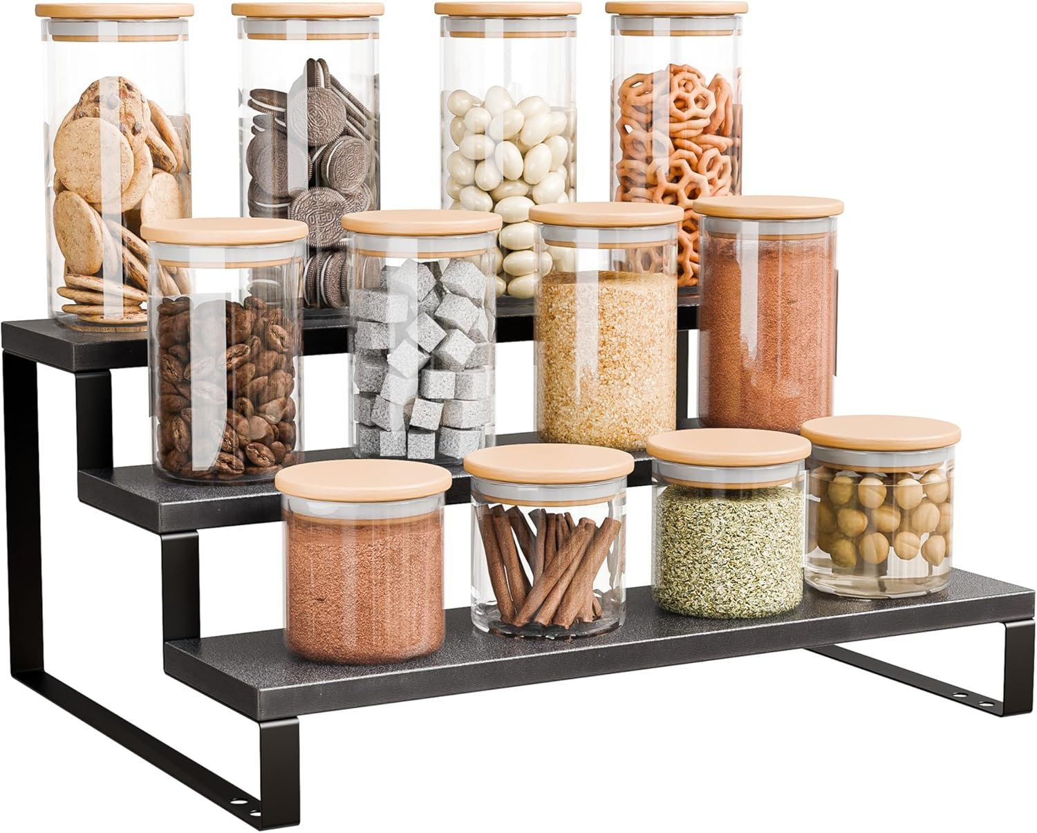 ihomecooker 3 Step Wood Countertop Display Riser Stand,Wooden Display Riser Shelf,Spice Rack Organizer for Perfume,Makeup,Figure, Bottles,Jars,Baking Supplies (Black)
