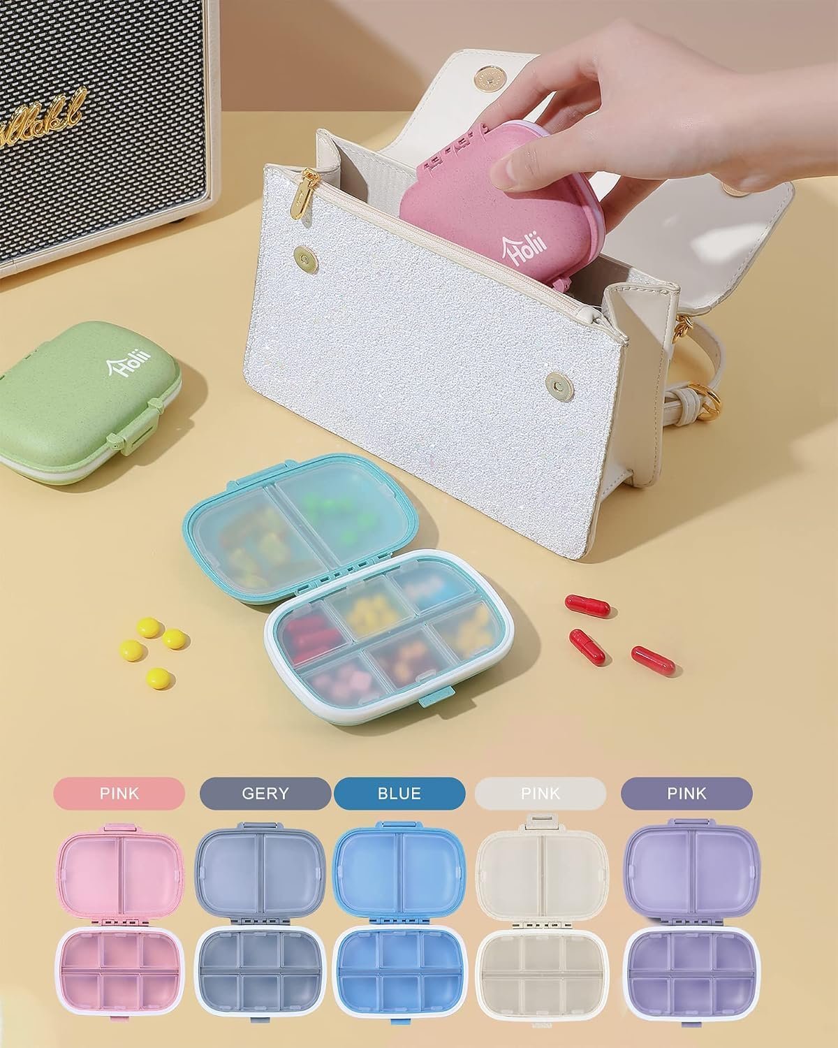 Holii Travel Pill Organizer, 8 Compartments Portable Pill Case, Daily Pill Box to Hold Vitamins, Small Pill Container for Pocket Purse Medicine Organizer(Khaki) - Image 8