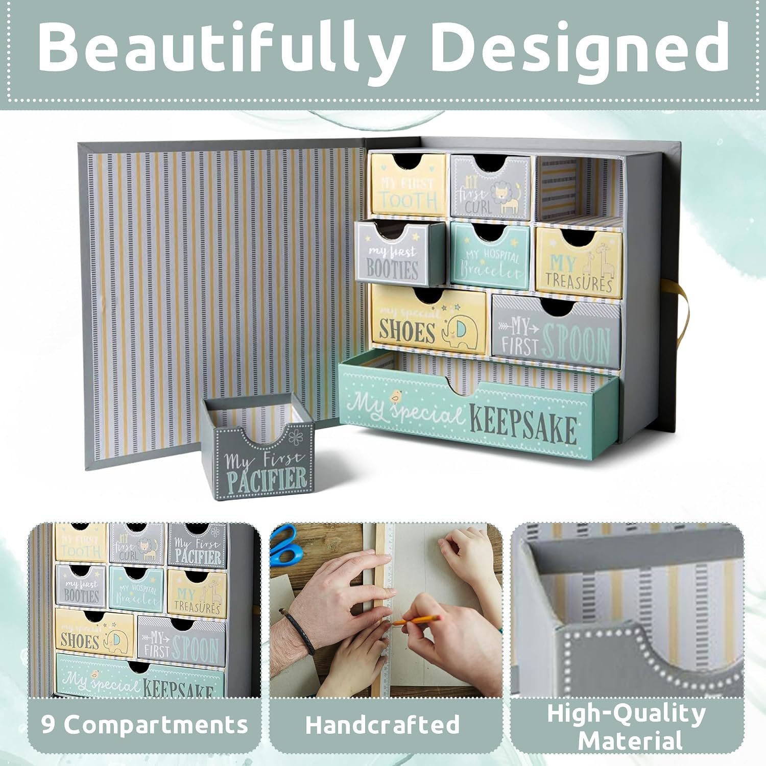Votum Baby Keepsake Box for Treasured Memories, Moon & Stars - Lightweight, Handcrafted Baby Boxes with 9 Labeled Compartments for First Memories - Gender Neutral Baby Shower Gifts for Girls, Boys - Image 2