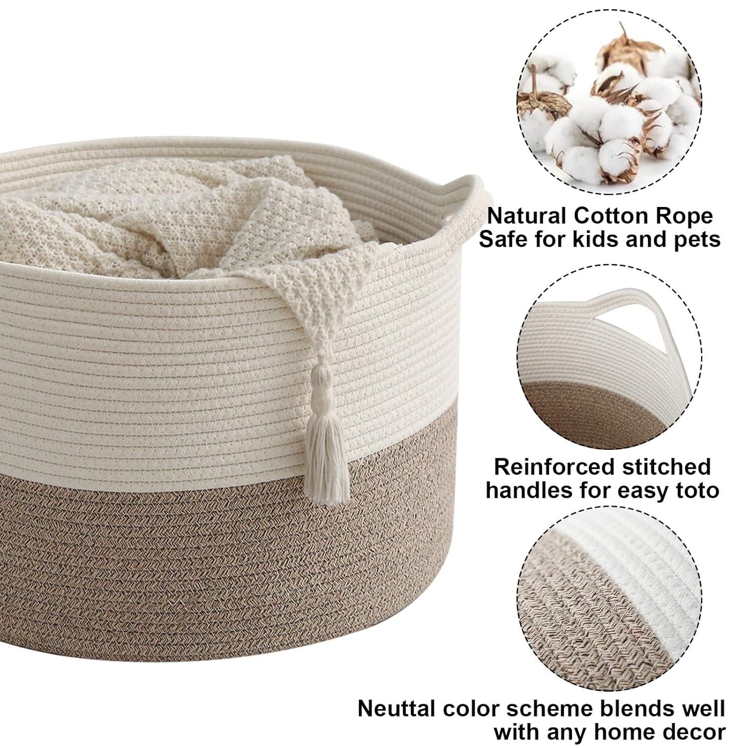 Large Woven Blanket Basket,65L Cotton Rope Laundry Basket Hamper with Handles, Decorative Nursery Basket Storage Bin for Toys, Clothes Organizer, Living Room, Bedroom, Bathroom, White & Brown - Image 3