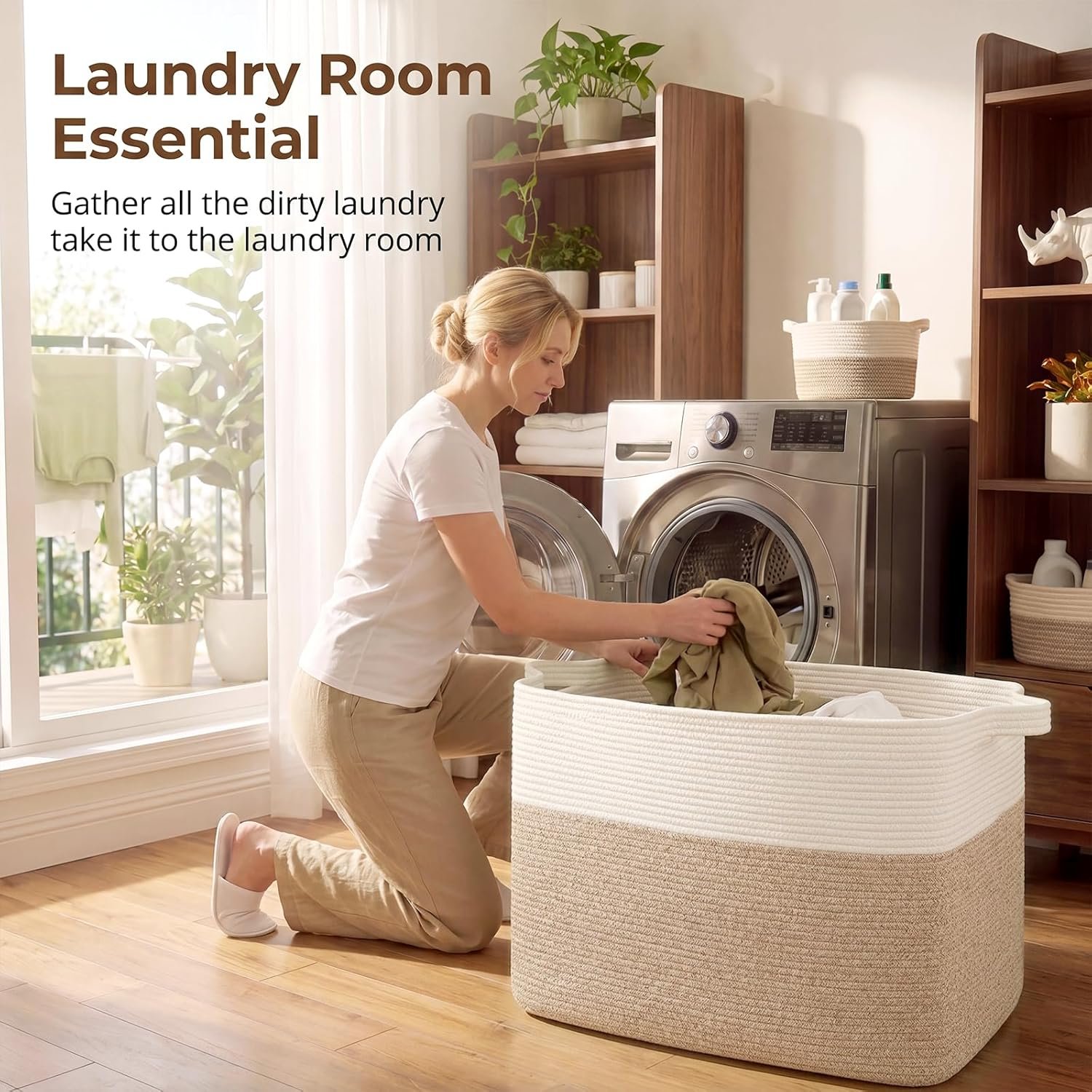 OIASKET 108L Cotton Rope Storage Basket for Living Room and Bedroom 25"x16"x16" Woven Laundry Basket, Heavy Duty Bin for Blankets, Pillows & Toys, Pet-Safe & Scratch-Free, Brown and White - Image 6