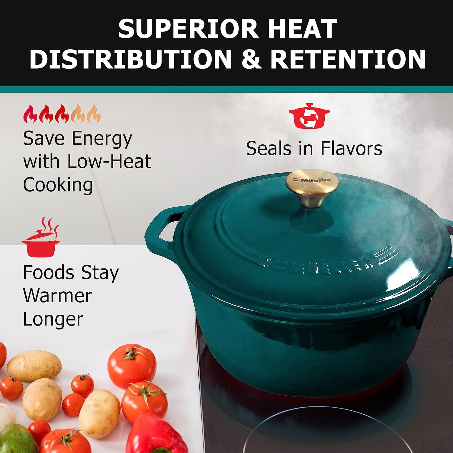Mueller DuraCast 6 Quart Enameled Cast Iron Dutch Oven Pot with Lid, Sourdough Bread Baking, PFOA-Free, 500°F Oven Safe - All Cooktops incl. Induction, Braising & Slow Cooking, Emerald - Image 4