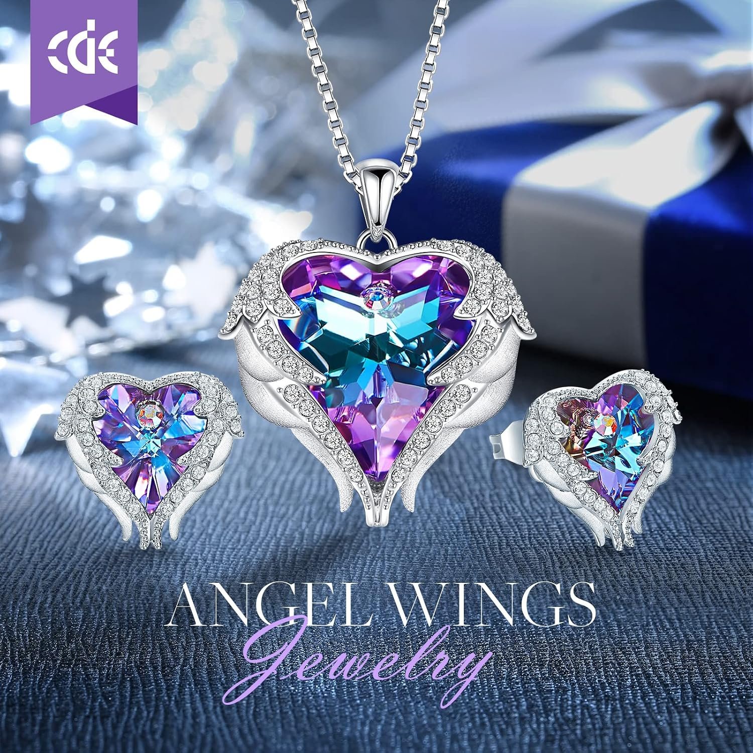 CDE Mothers Day Gifts Jewelry Set for Women, Angle Wing Heart Pendant Necklaces and Earrings with Birthstone, Birthday/Anniversary Christmas Jewelry Gift for Women Wife Her - Image 3