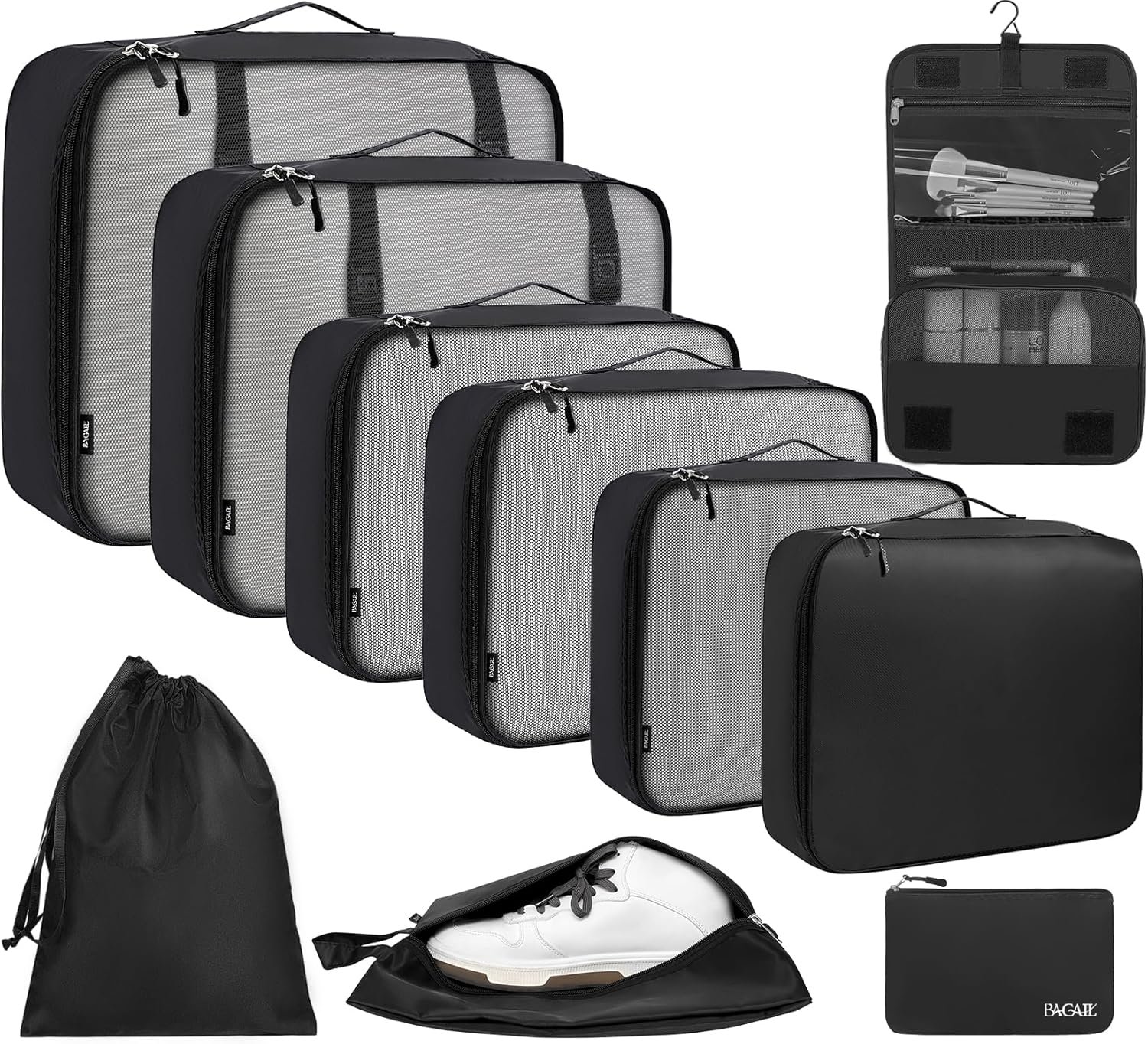 BAGAIL 10 Set Packing Cubes Various Sizes Packing Organizer for Travel Accessories Luggage Carry On Suitcase-Black