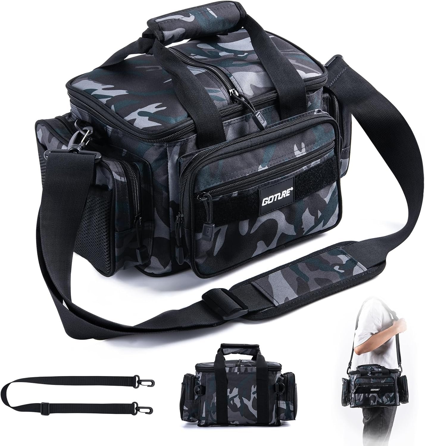 Goture 17L Fishing Tackle Bag, Water-Resistant 600D Storage Bag with Adjustable Shoulder Strap, Compact Fishing Gear Organizer with Multiple Pockets, Green Camo, Can Store 3 3600 Box (Not Included)