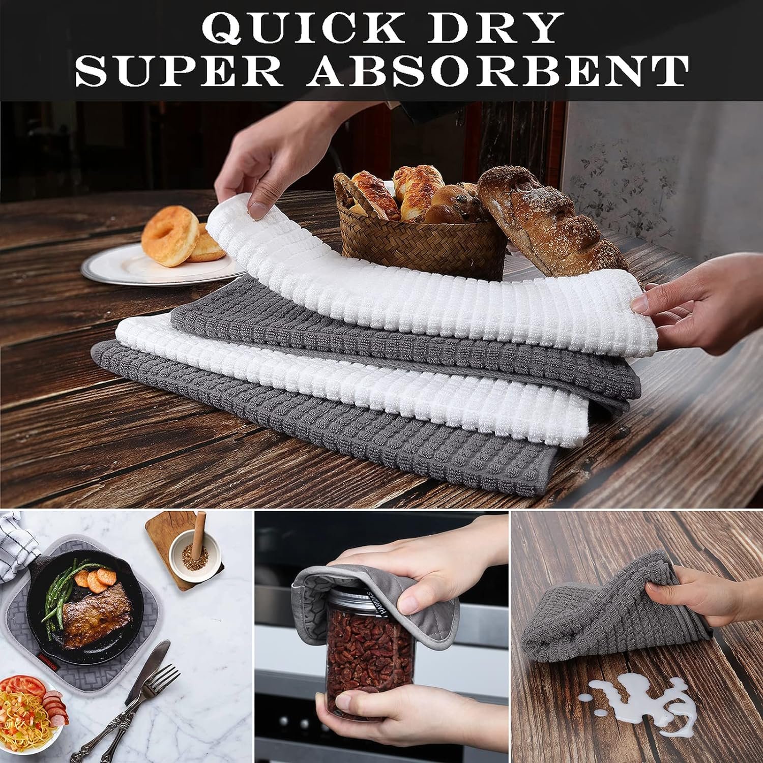 Oven Mitts and Pot Holders Sets 6pcs, Kitchen Oven Glove,High Heat Resistant 550 Degree Extra Long Oven Mitts and Potholders with Non-Slip Silicone Surface for Home Essentials (Grey) (Gray) - Image 6