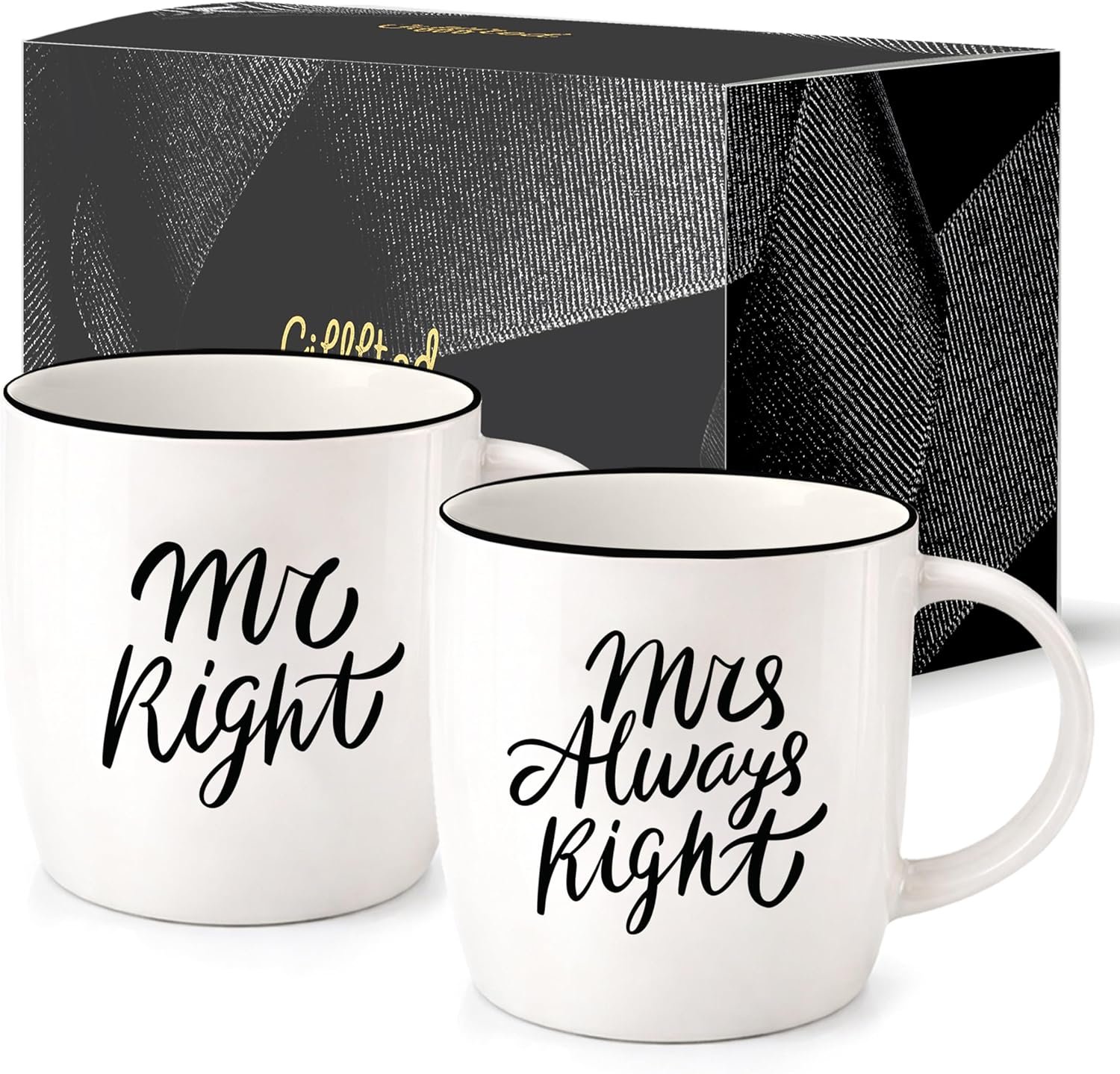 Triple Gifffted Mr Right Mrs Always Right Coffee Mugs Gifts Ideas for Couples, Wedding Anniversary, Engagement, Christmas, His & Hers, Bride and Groom, Parents, Newlyweds Bridal Shower, Ceramic 380ml