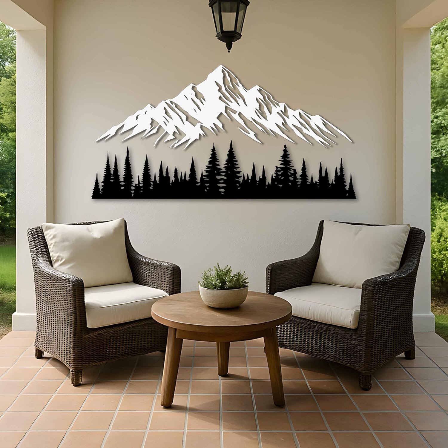 KAWA METALWORKS Mountain and Trees Metal Wall Art Decor, Large Pine Forest Metal Wall Decor for Garden, Living Room or Bedroom, Modern Black and White Nature Landscape, Rustic Home Decor Gift