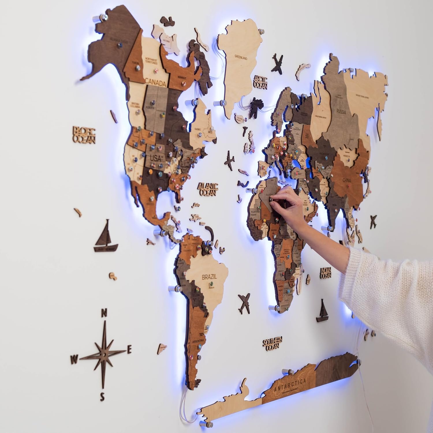 Enjoy The Wood 3D LED 3.0 Wood World Map Wall Art Modern Home Decor Gifts LED Lighting Wall Decor Housewarming Gift Idea Travel Wooden Maps Pinboard with Backlighting (Wall Art) - Image 9
