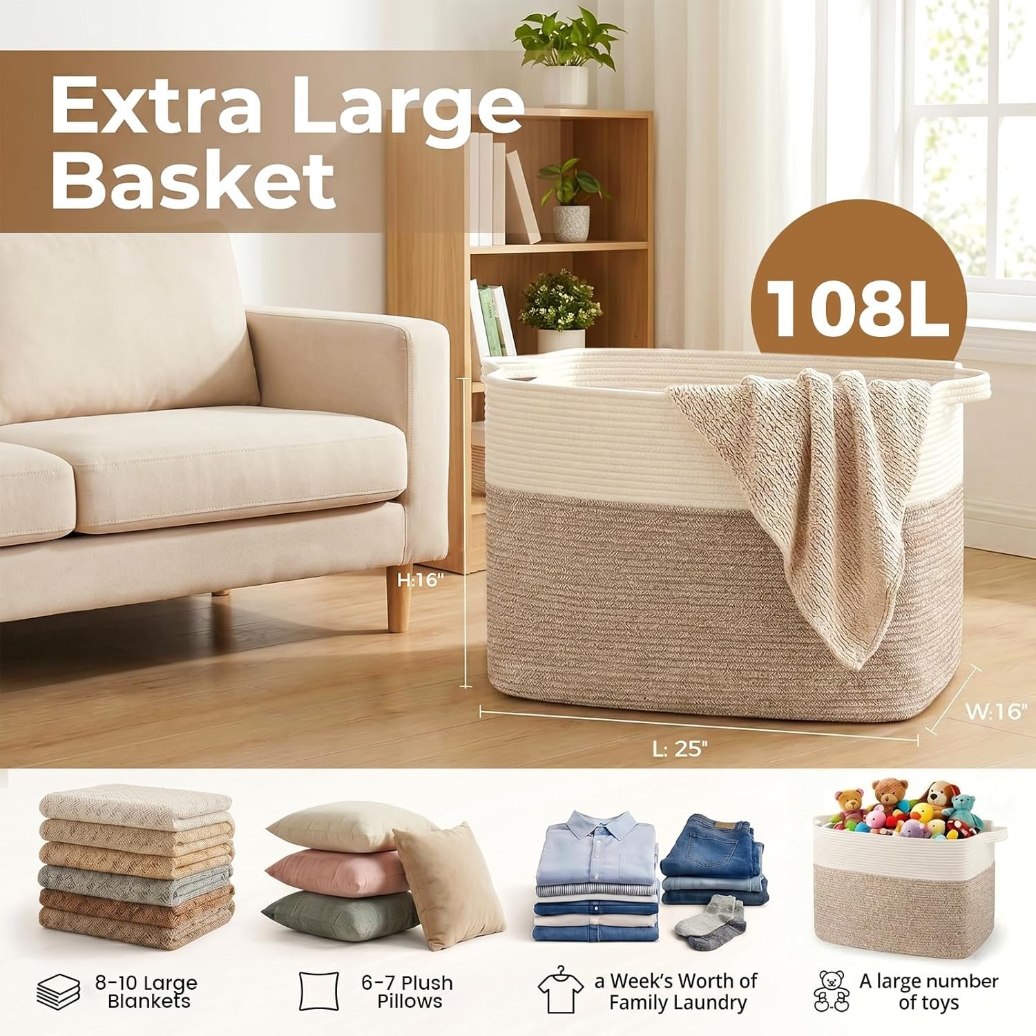 OIASKET 108L Cotton Rope Storage Basket for Living Room and Bedroom 25"x16"x16" Woven Laundry Basket, Heavy Duty Bin for Blankets, Pillows & Toys, Pet-Safe & Scratch-Free, Brown and White - Image 3