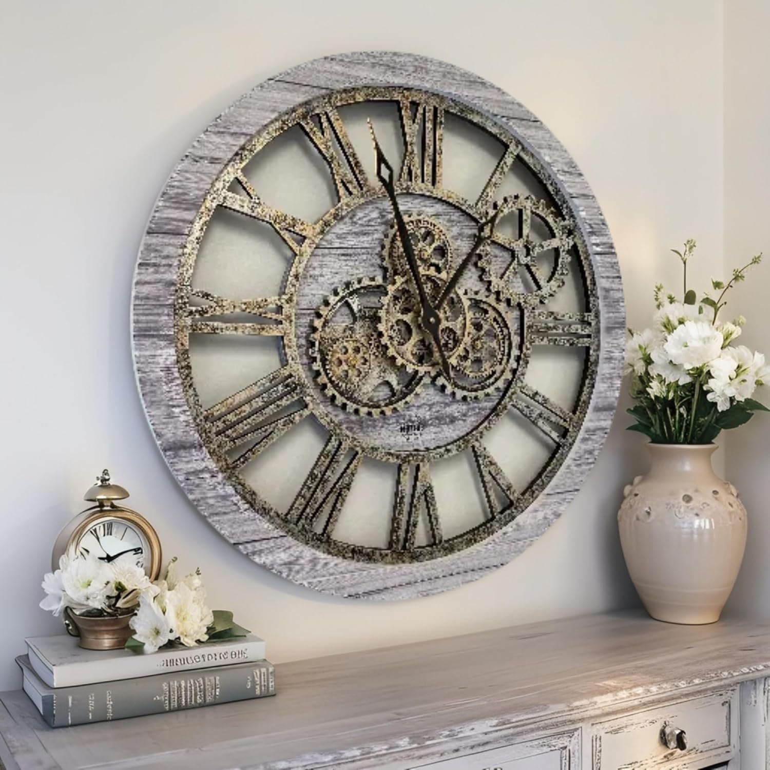 The Gear Clock - The Original Real Gears Moving Vintage Industrial Large Size Rustic Wall Clock (24 Inch, 60 cm), Silver Grey - Image 2