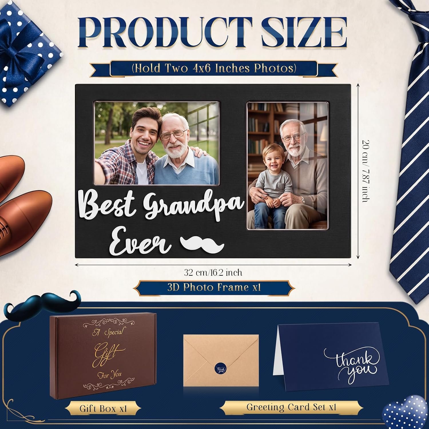 Jetec Grandpa Picture Frame 3D Wooden Fathers Day Photo Frame from Granddaughter Grandson Best Grandpa Ever Display Holds Two 4 x 6 Inch Photos Includes Gift Box and Card Ideal for Gifts - Image 3