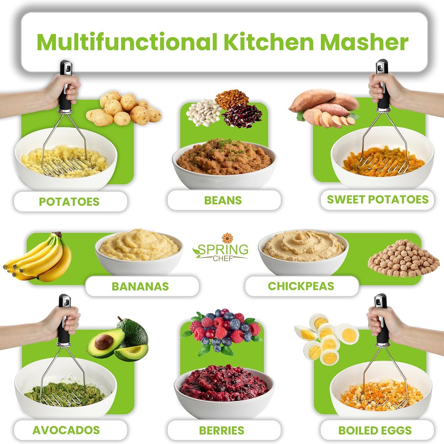 Spring Chef Potato Masher Stainless Steel - Heavy Duty Mashed Potato Masher Kitchen Tool - Fruit & Food Smasher For Avocado, Banana, Eggs - Bean Smasher Tool - Durable Metal Mashing Utensil - Image 6