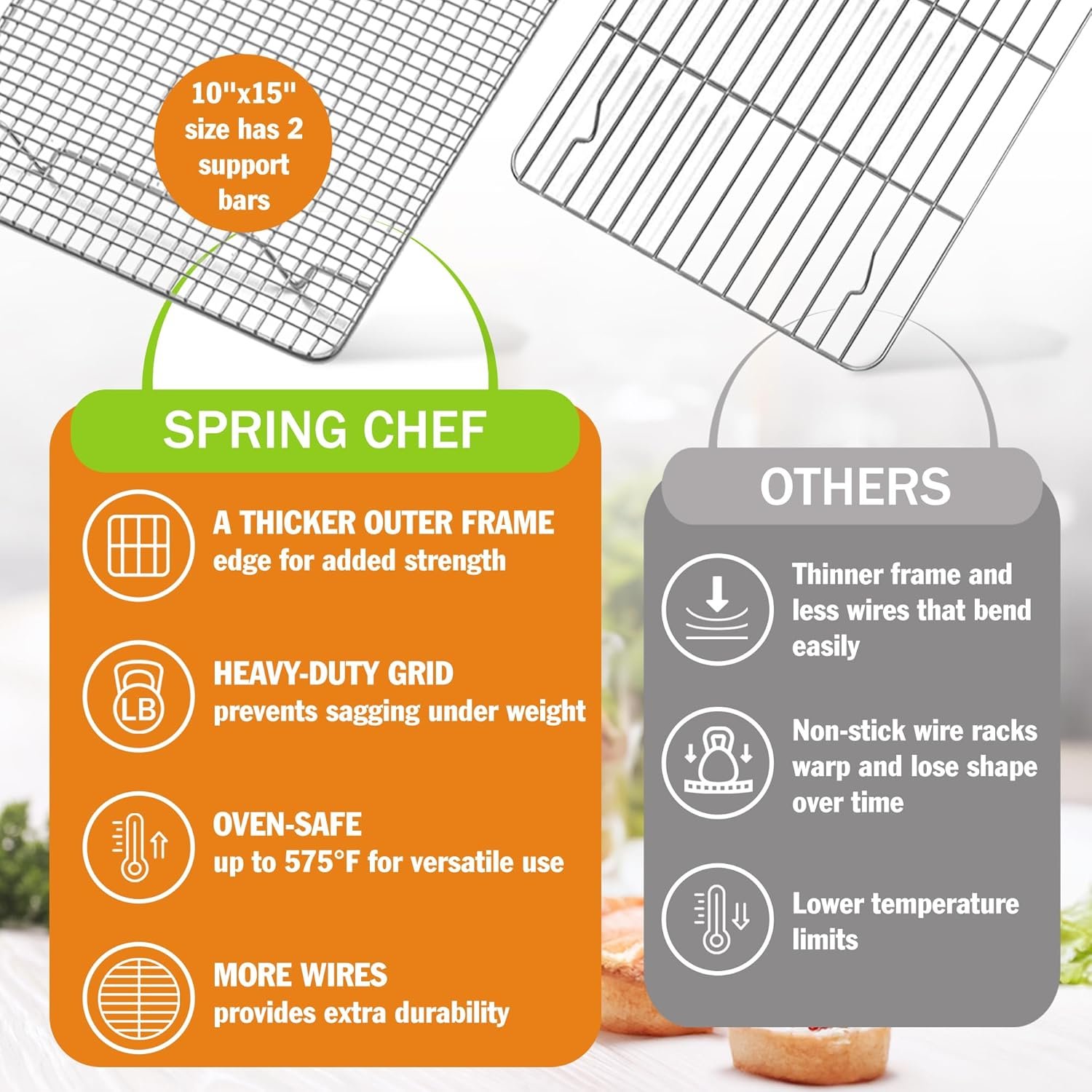 Spring Chef 10" x 15" Stainless Steel Cooling Racks for Baking - Oven Safe - Cookie Racks for Cooling Cookies - Fits Jelly Roll Pan - Perfect for Grilling, Roasting, Cooking, Drying - Set of 2 - Image 3