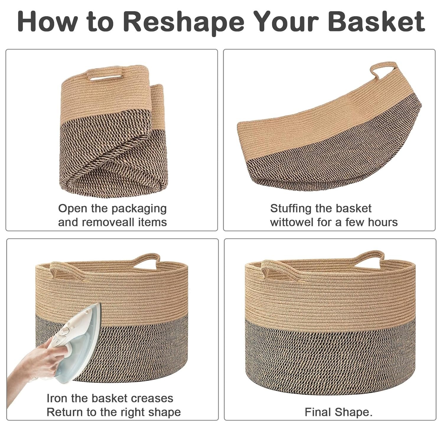 Large Woven Blanket Basket,65L Cotton Rope Laundry Basket Hamper with Handles, Decorative Nursery Basket Storage Bin for Toys, Clothes Organizer, Living Room, Bedroom, Bathroom, White & Brown - Image 8