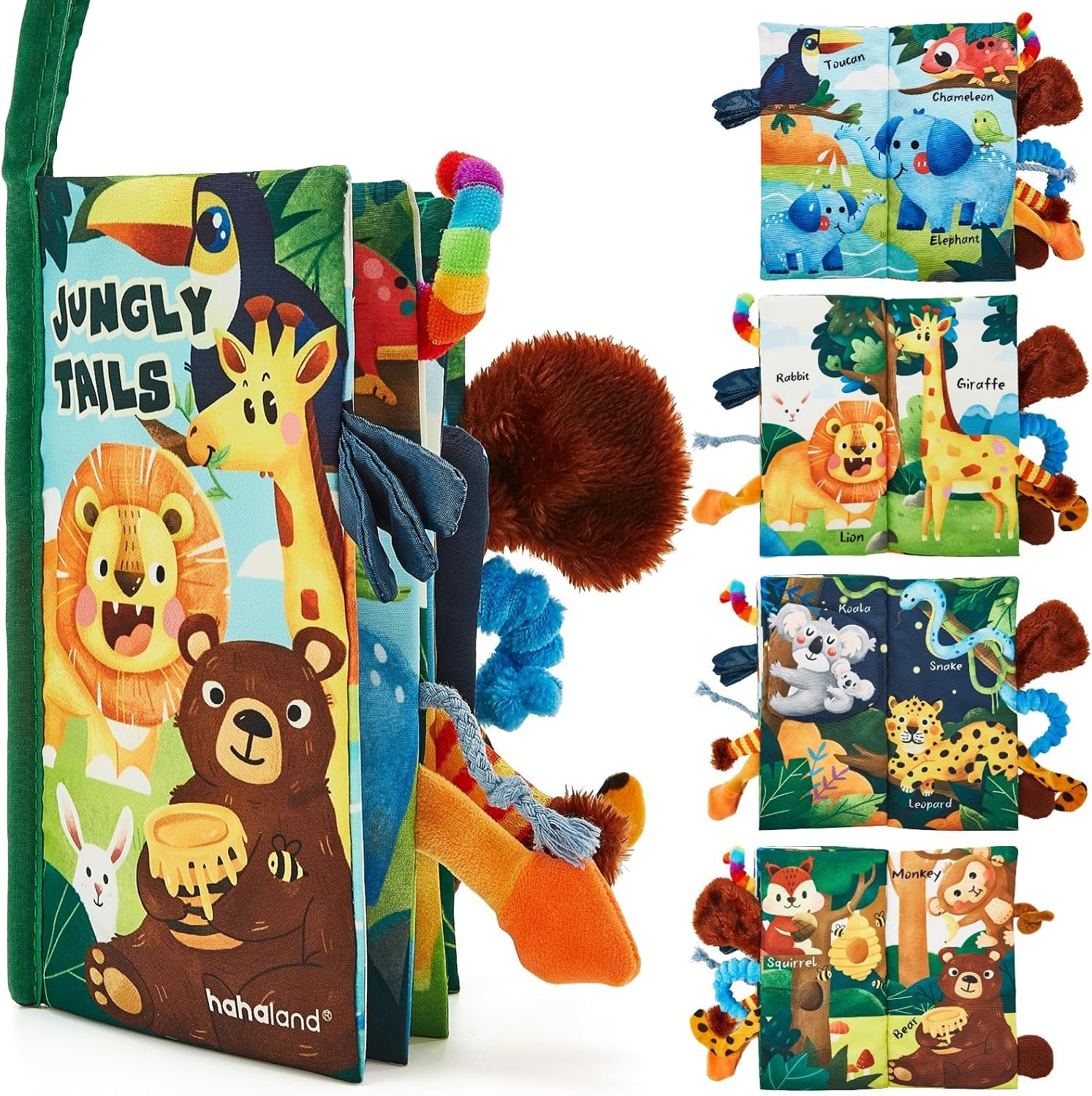 hahaland Baby Book Toy 0 3 6 12 Months - Touch and Feel First Crinkle Cloth Soft Book for Babies 0 Months, Baby Boy Girl Gifts for Newborn Infant - Jungly Tails Theme