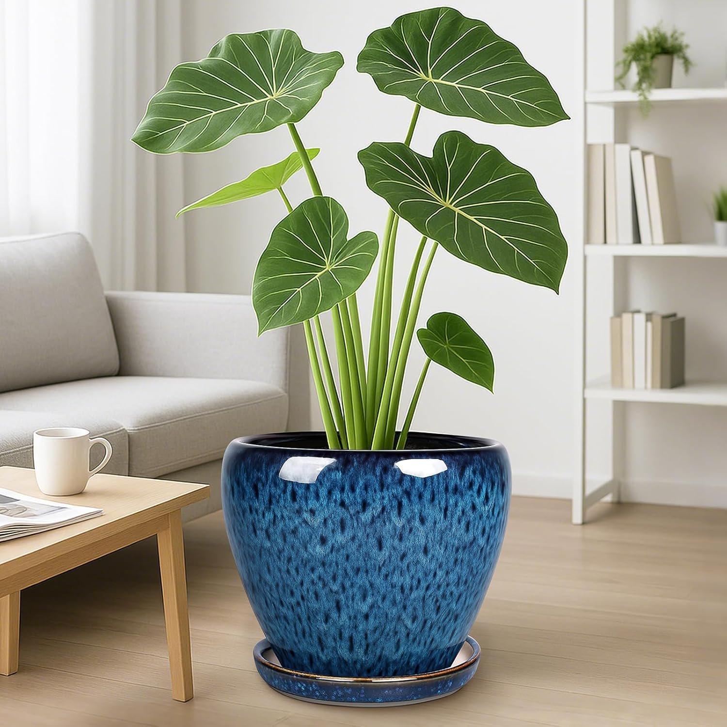 Deep Dream 10 Inch Plant Pot- Ceramic Planter Pot Round Plant Pots for Indoor Plants Outdoor Large Flower Pot with Drainage Holes & Trays, Blue - Image 4